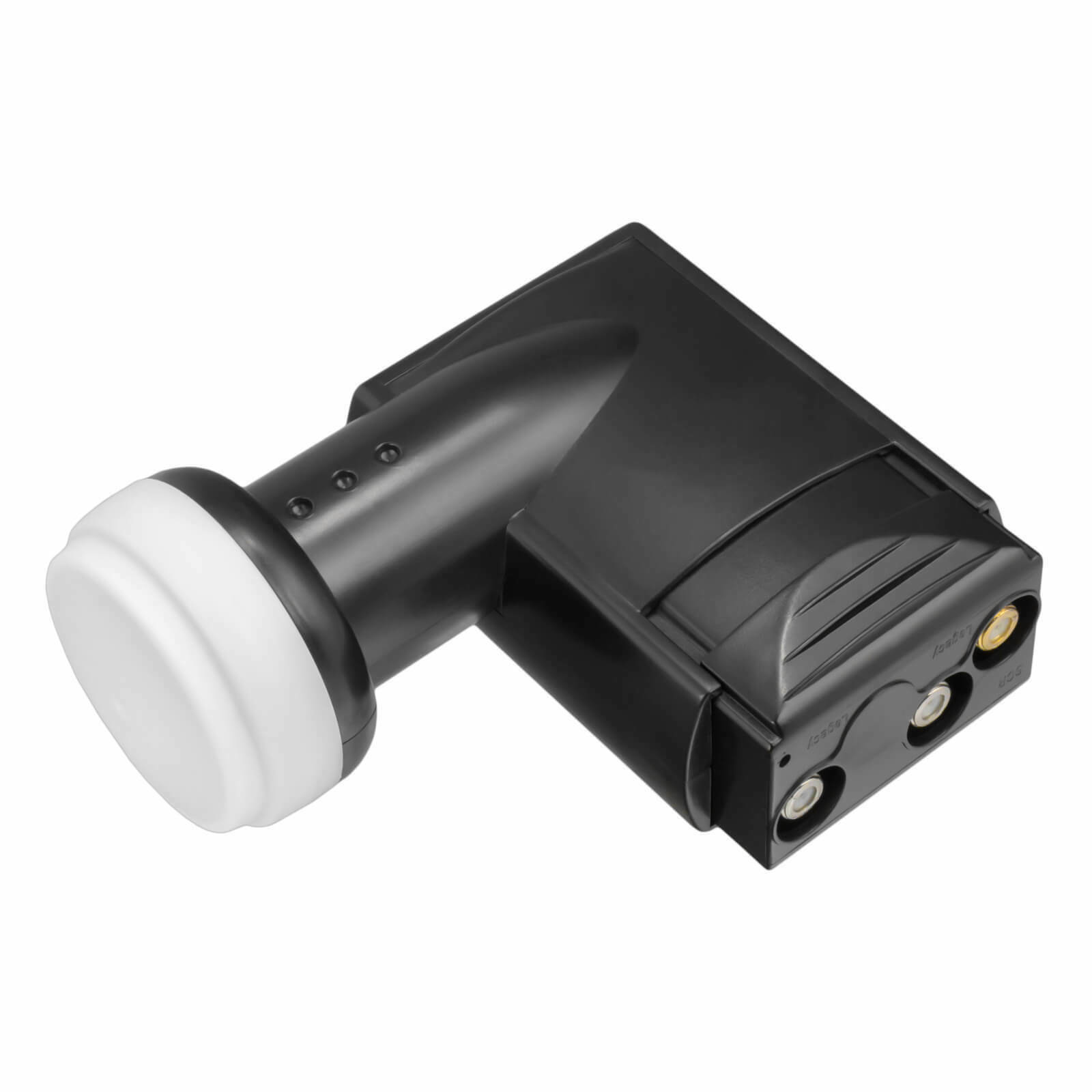 Schwarzer Satelliten-LNB mit weißer Abdeckung und mehreren Anschlüssen auf weißem Grund.