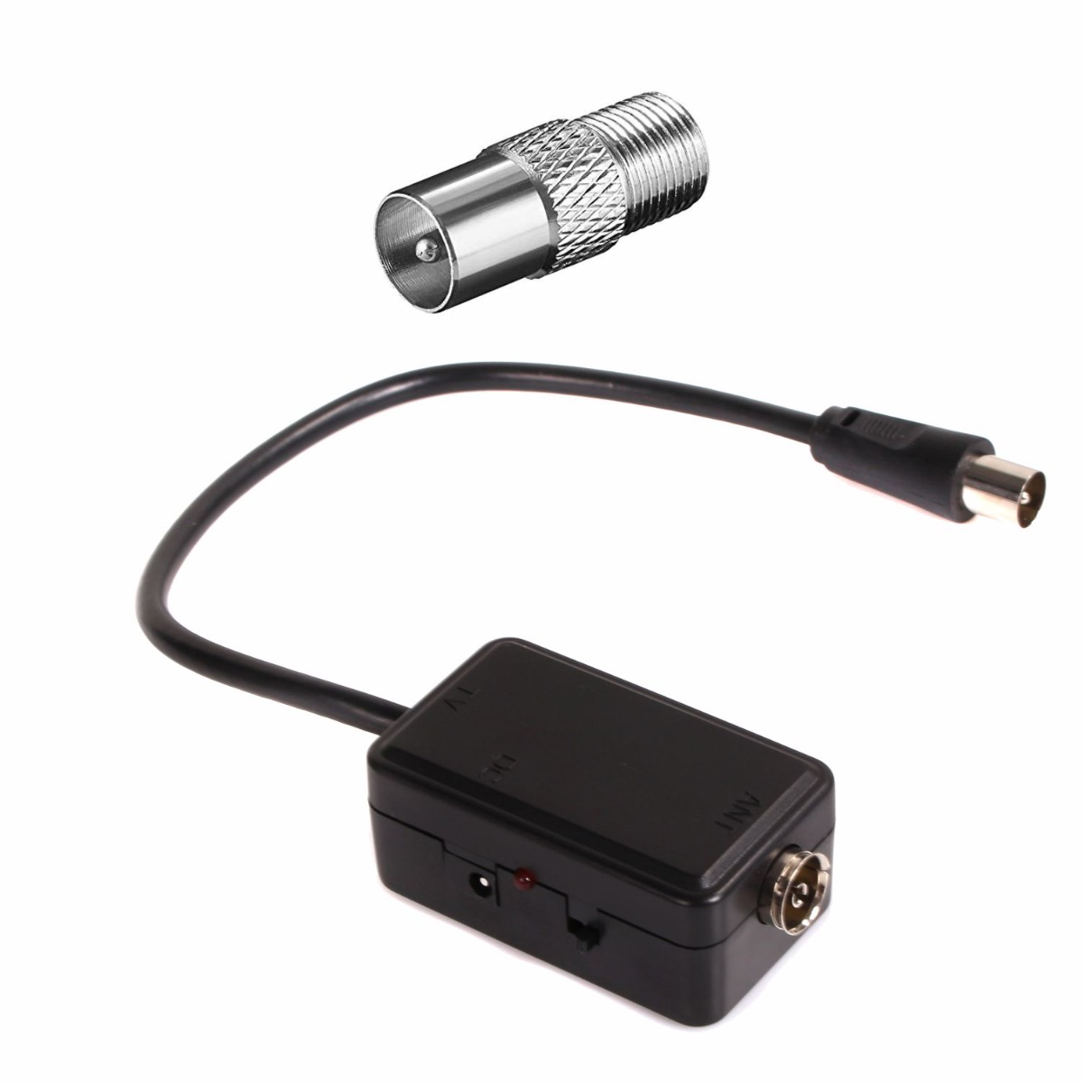 Schwarzer Antennenadapter mit Kabel und separatem silbernen Stecker.
