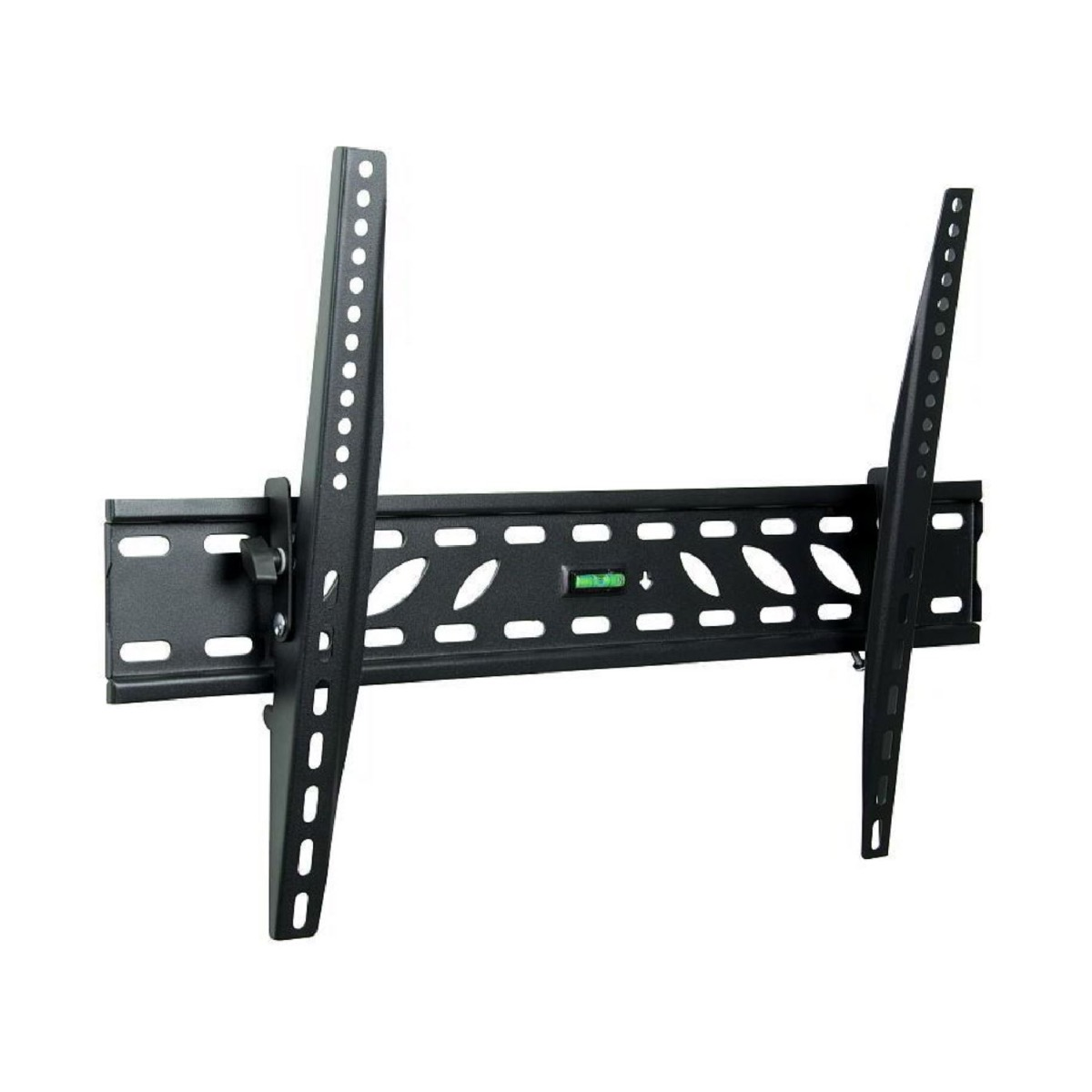 Schwarze TV-Wandhalterung. Sie hat einen horizontalen und vertikalen Teil, mit einer Wasserwaage in der Mitte.