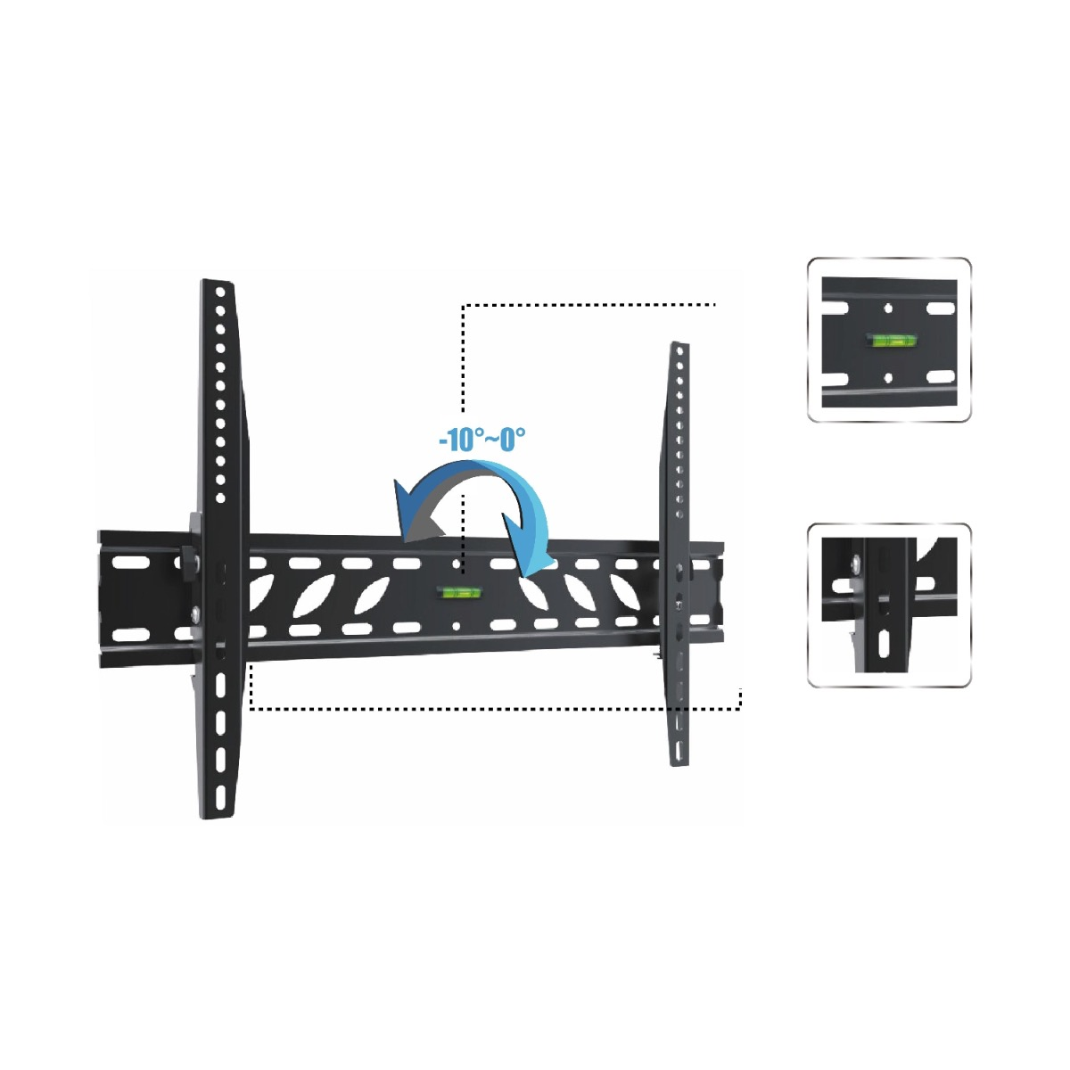 Schwarze TV-Wandhalterung mit einstellbarem Winkel, detaillierte Einsätze.