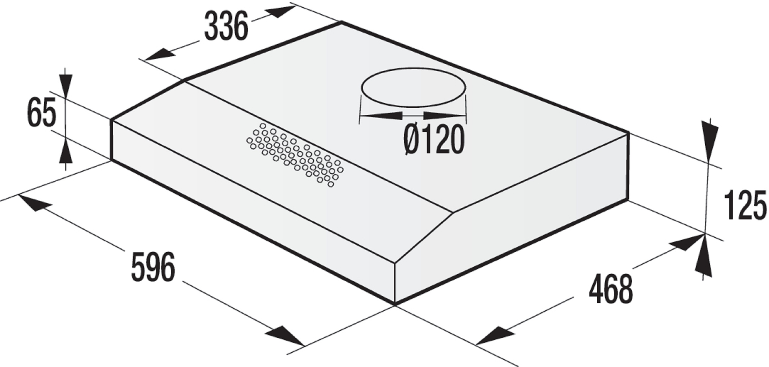 Diagramm einer Dunstabzugshaube mit Maßen. Es ist rechteckig mit einem runden Ventil und beschrifteten Abmessungen.