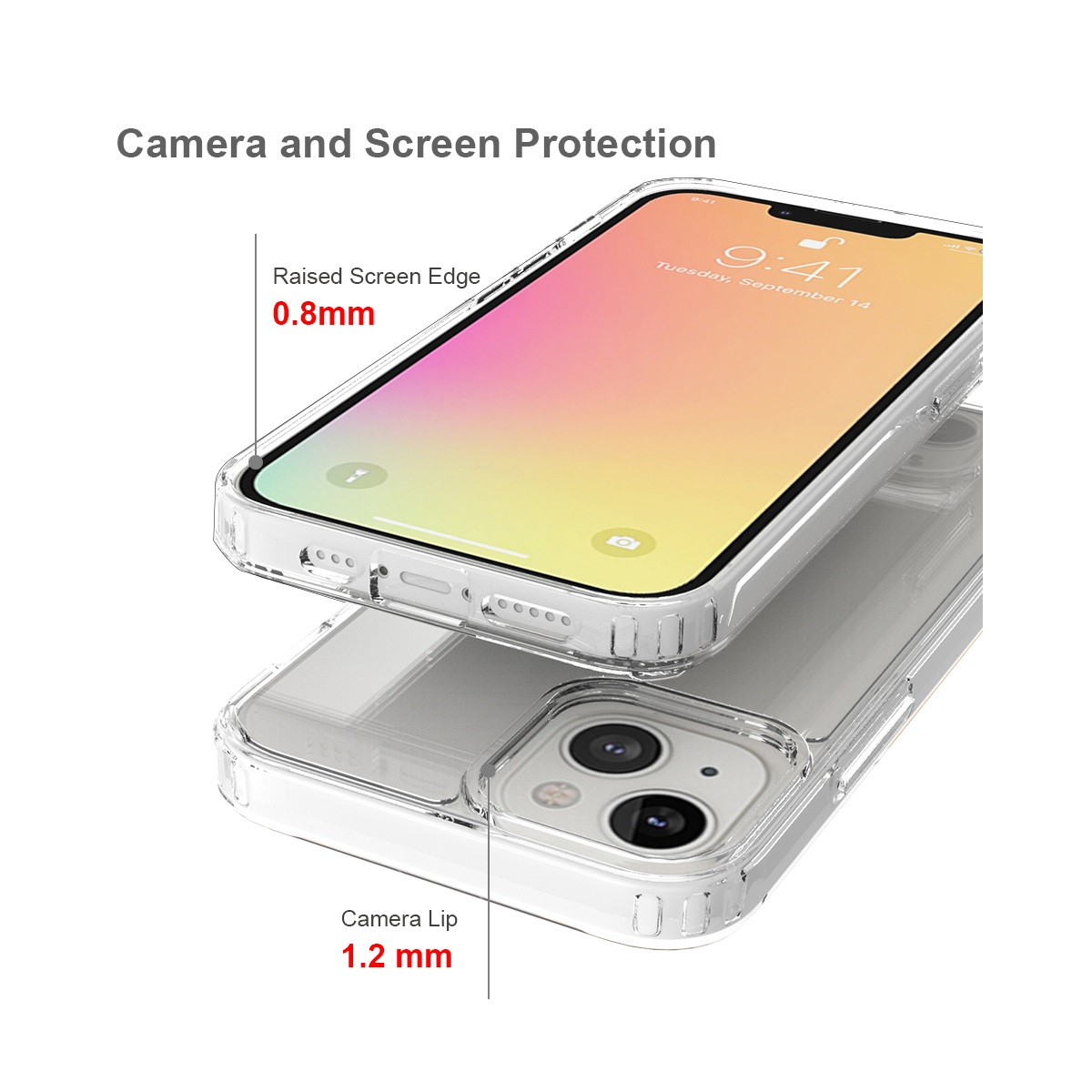 Custodia trasparente per telefono con bordi rialzati, che mostra lo schermo e la fotocamera.