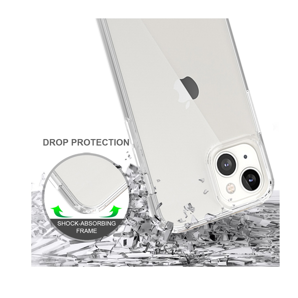 Custodia trasparente per telefono con un telefono all'interno, colpito da oggetti. Testo: Protezione dalle cadute, telaio ammortizzante.