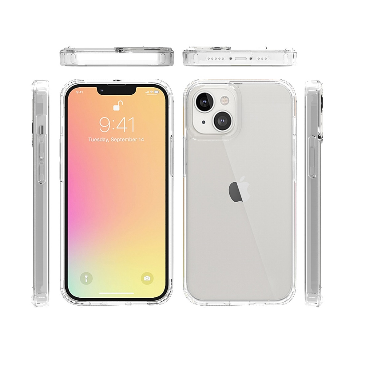 iPhone con custodia trasparente, che mostra schermo, retro e lati.