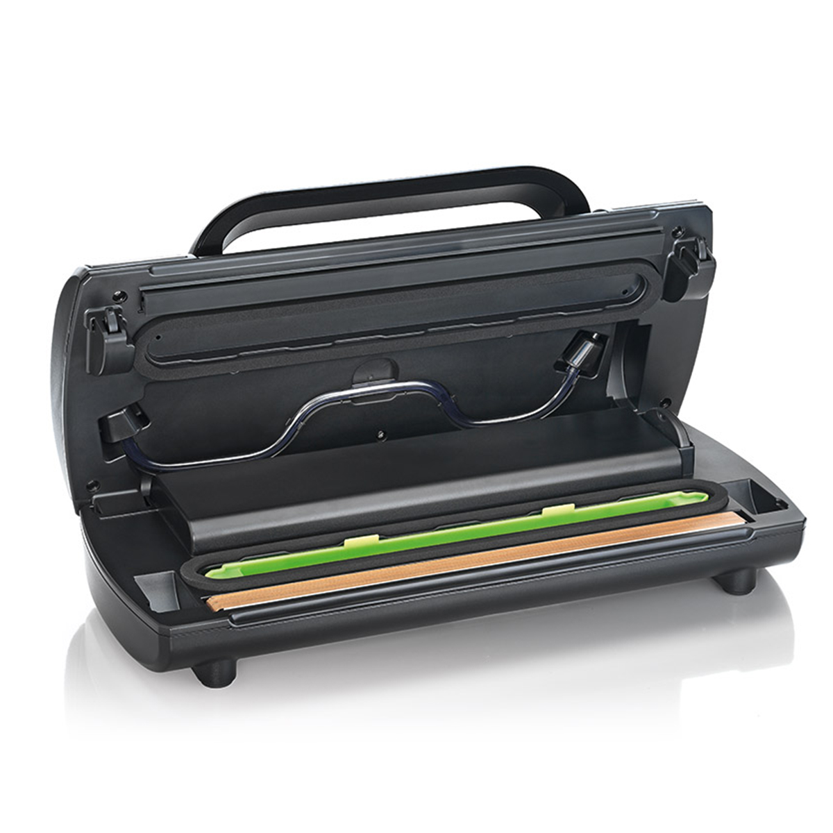 Czarna zgrzewarka próżniowa, otwarta. Widoczne zielone i brązowe paski uszczelniające.