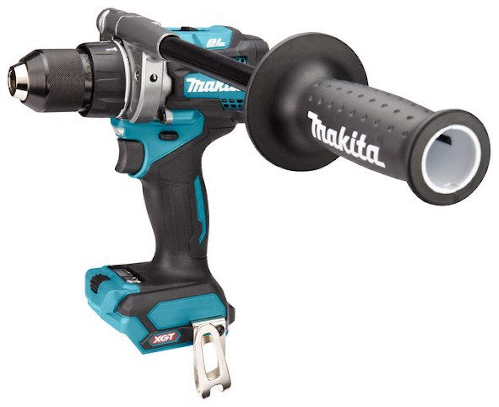 Un trapano Makita cordless con manico nero e corpo verde acqua. Il trapano ha un'impugnatura laterale.