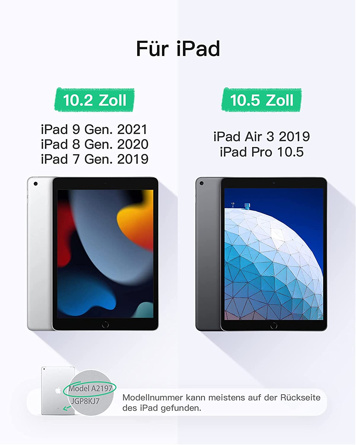 Zwei iPads nebeneinander, mit Text, der die Kompatibilität mit 10,2- und 10,5-Zoll-Modellen anzeigt.