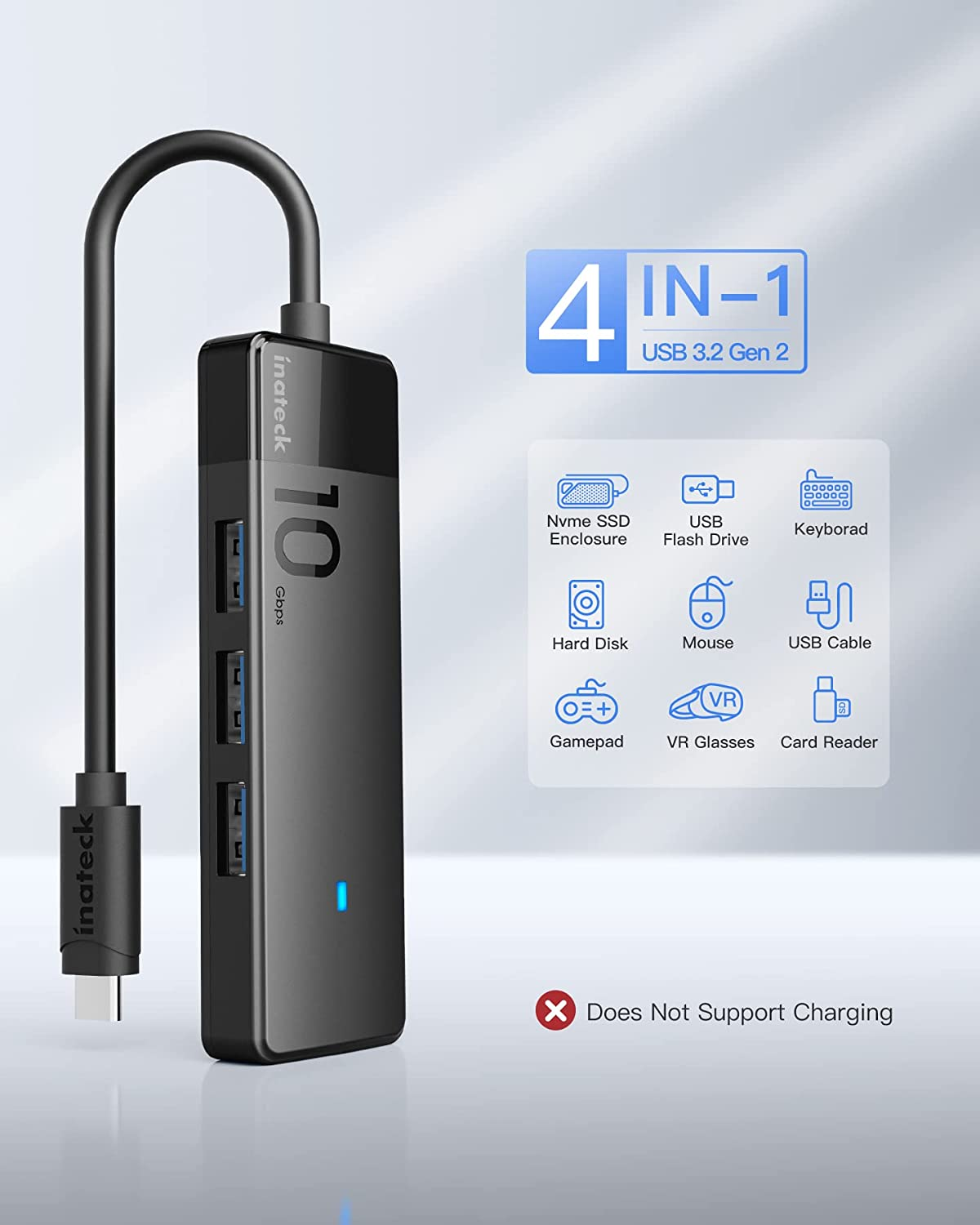 Schwarzer USB-Hub mit vier Anschlüssen und weißen Symbolen. Text: 4 IN-1. Der Hub unterstützt kein Laden.