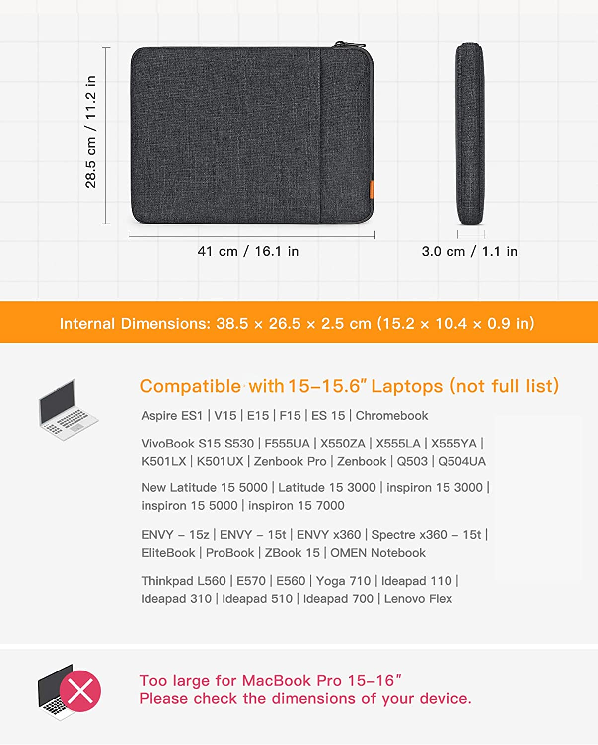 Funda gris para portátil con dimensiones, lista de portátiles compatibles y texto de advertencia.