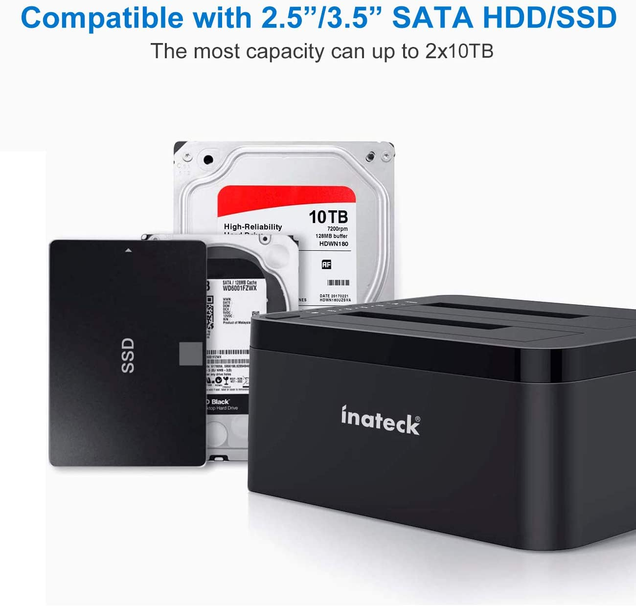 Verschiedene Computerfestplatten und eine Inateck-Dockingstation; der Text lautet: Kompatibel mit SATA HDD/SSD.
