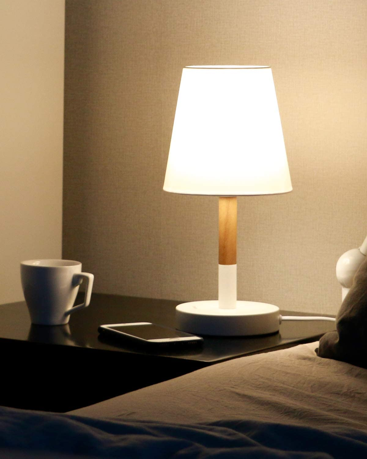LED Nachttischlampe Schlafzimmer LED Tischleuchte Tischlampe 2er für Set Warmweiße Holz, mit Tischleuchte Stoffschirm aus TOMONS