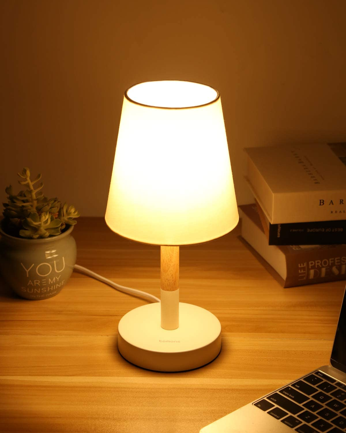 Warmweiße LED aus Nachttischlampe 2er Holz, Tischleuchte TOMONS Set Wohnzimmer Beleuchtung für Tischlampe Schlafzimmer