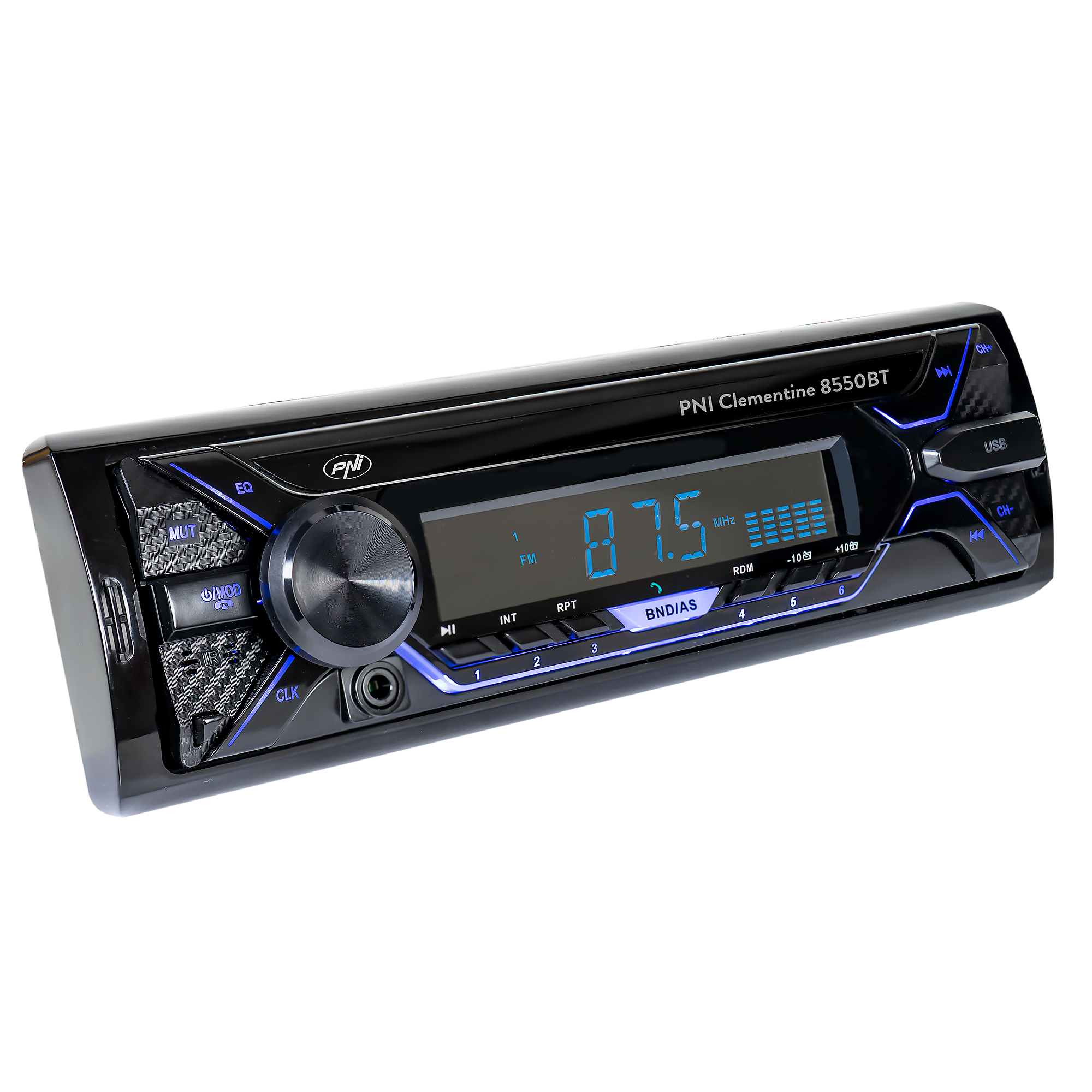 Schwarzes Autoradio mit Bildschirm. Blaue Lichter sind zu sehen. Es hat Tasten für verschiedene Funktionen.