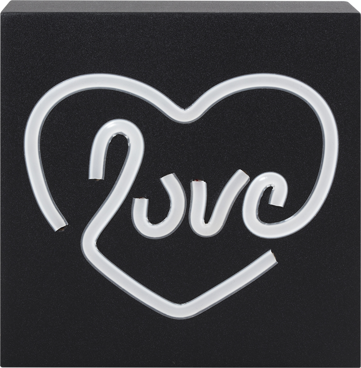 Czarny kwadrat z białym neonowym sercem "Love".