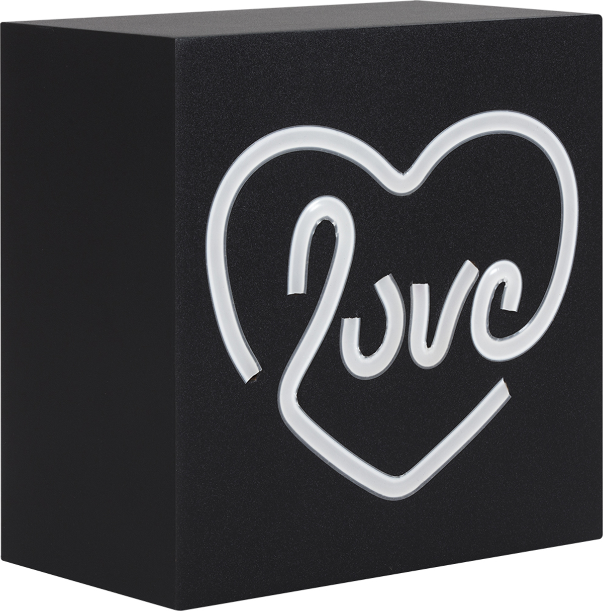 Czarny box z białym sercem i napisem "Love". Jest na białym tle.