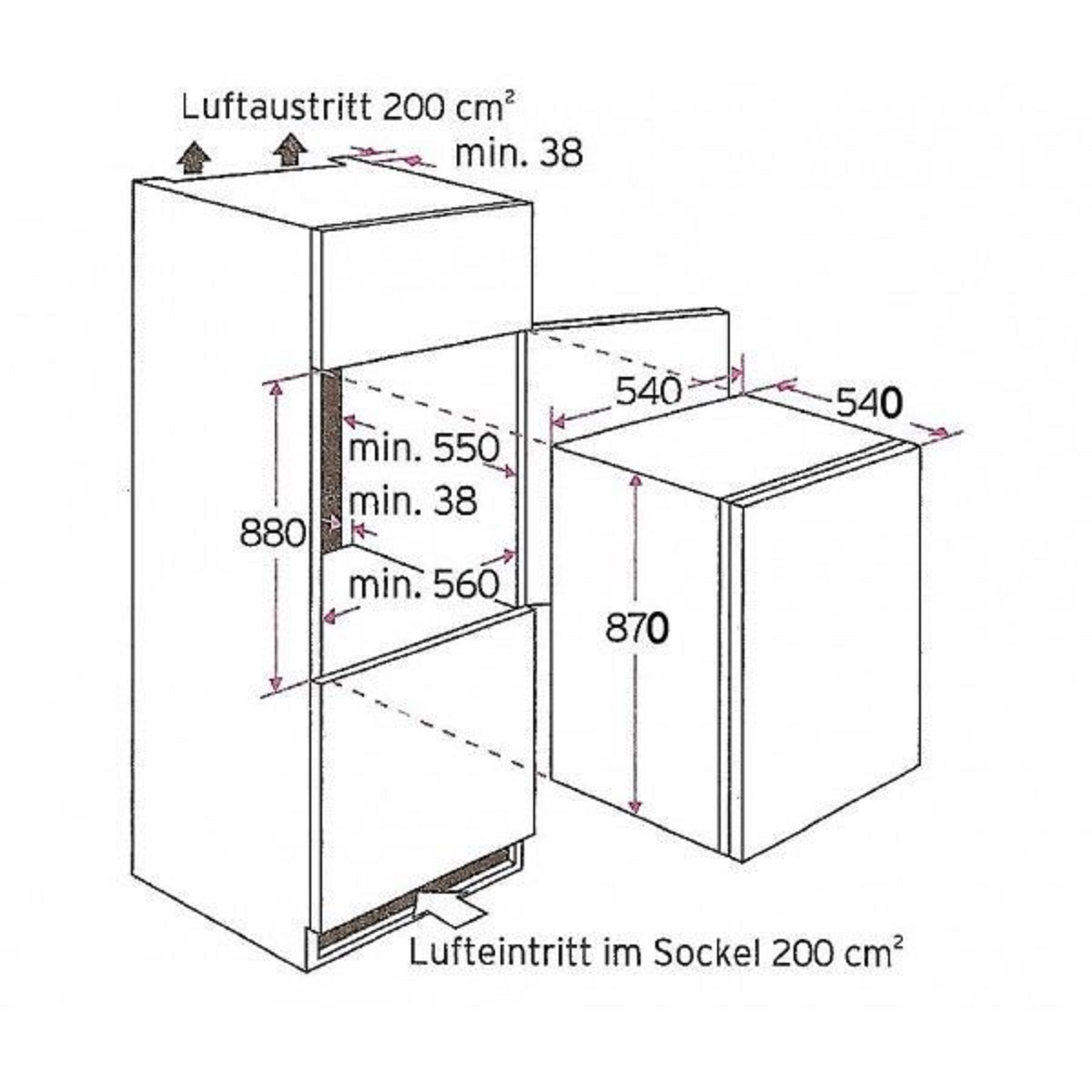 Schematische Darstellung eines Kühl- und Gefrierschranks, mit Abmessungen in mm und Luftstrom.