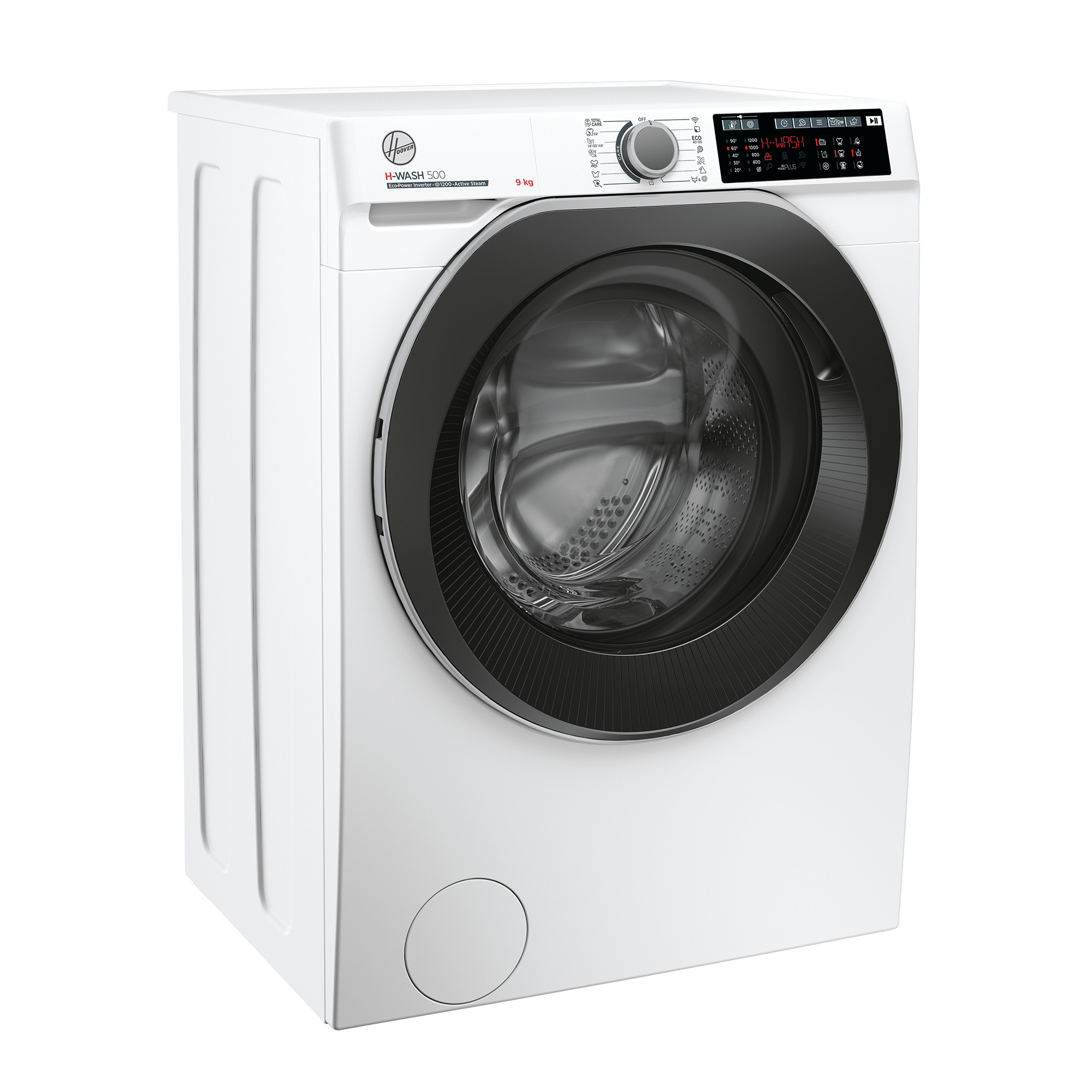 Lavatrice bianca con porta nera, pulita, moderna, isolata su sfondo bianco.