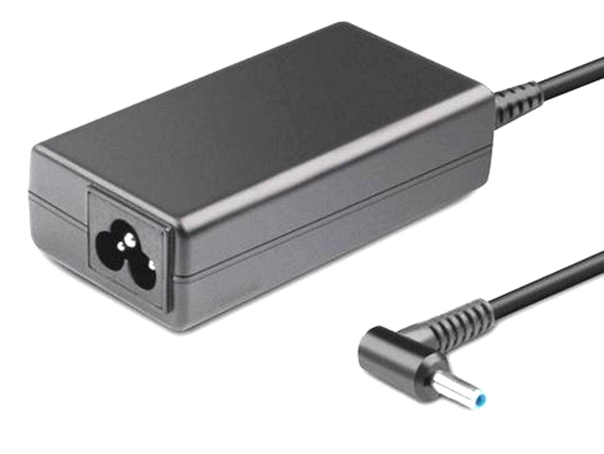 Schwarzes Laptop-Ladegerät mit Anschluss und schwarzem Kabel.