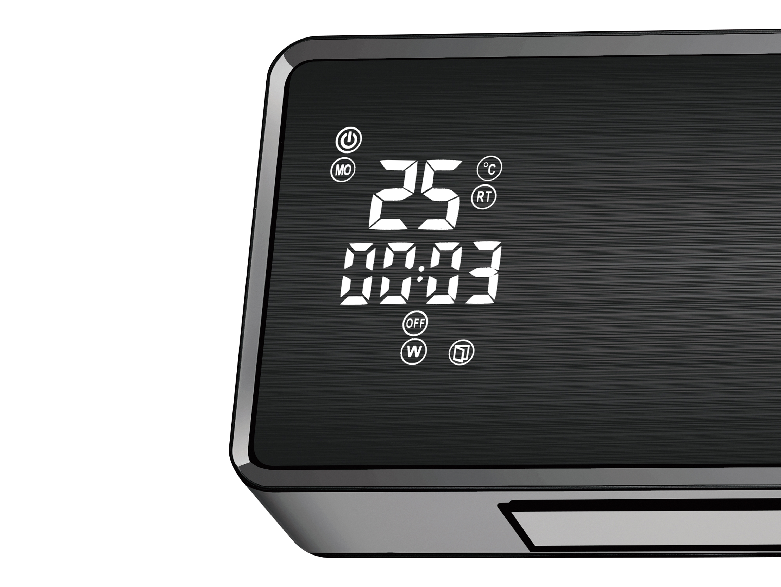 Nahaufnahme eines schwarzen Digitaldisplays. Zeigt 25 Grad und 00:03 mit anderen Symbolen.