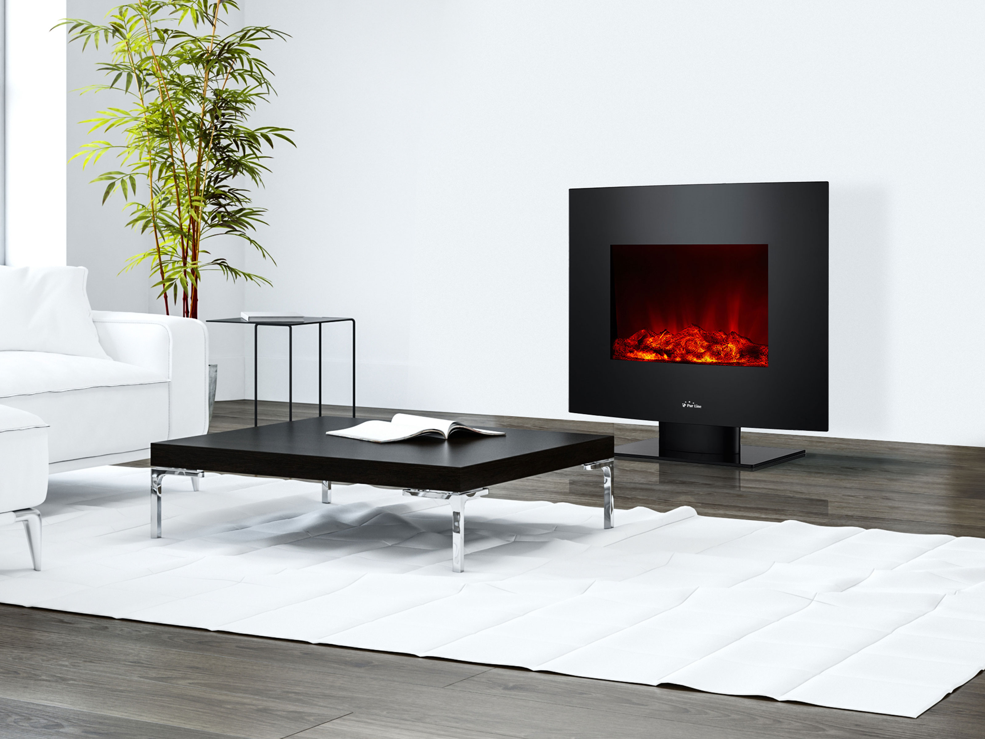 Wohnzimmer mit schwarzem Kamin, weißem Sofa, Couchtisch und Pflanze, modernes Design.