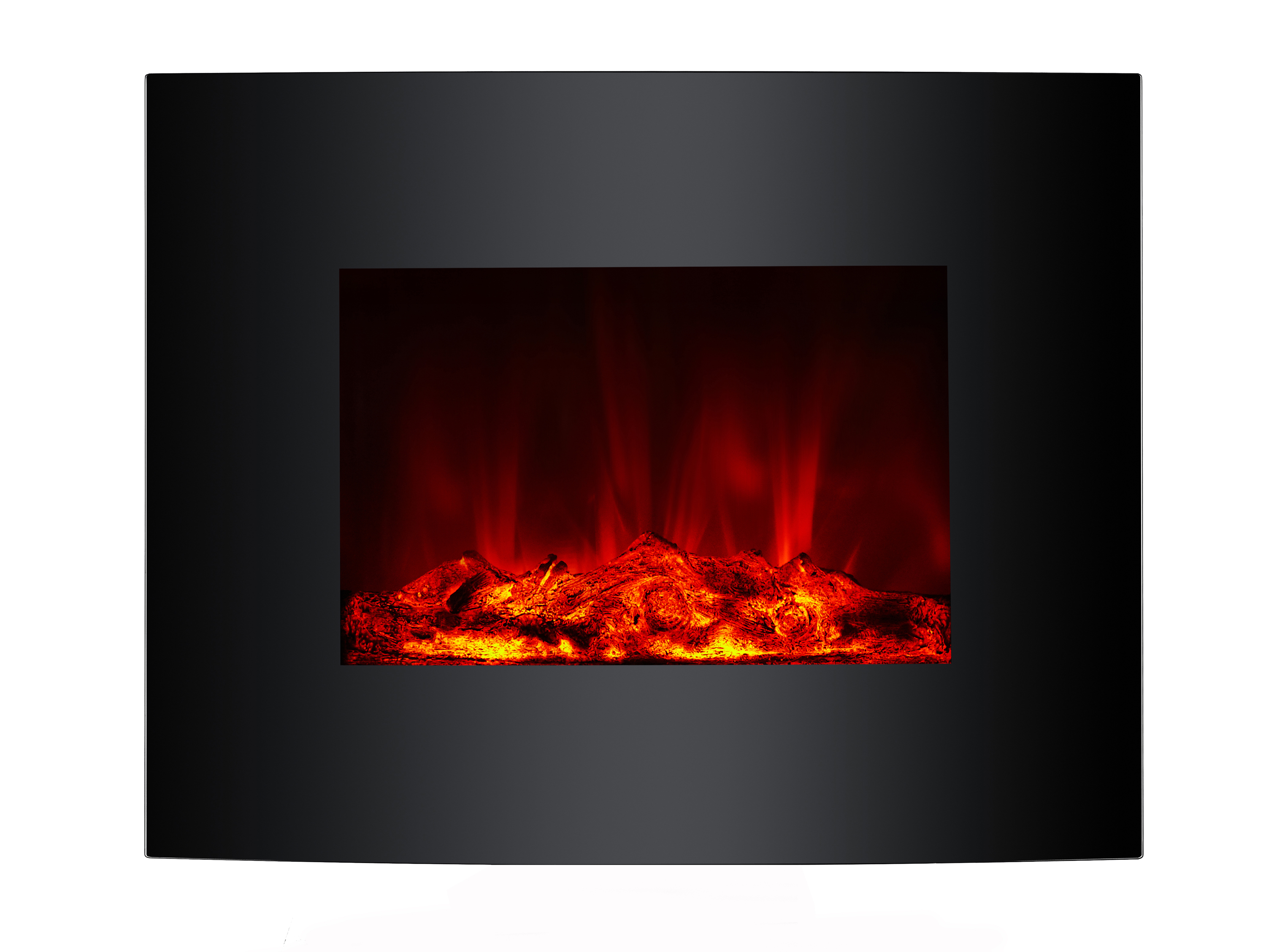 Schwarzer Elektrokamin mit rotem Flammeneffekt.