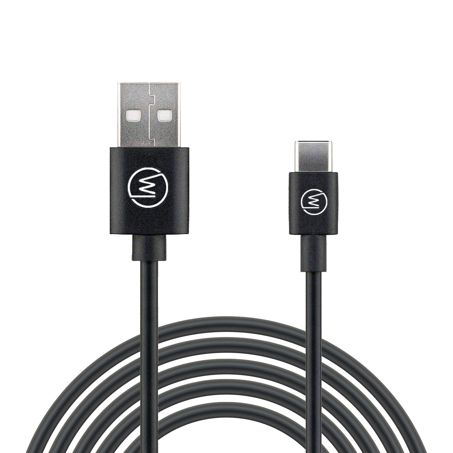 Schwarzes USB-C-Kabel mit zwei Enden. Eines ist USB, das andere ist USB-C. Weißer Hintergrund.