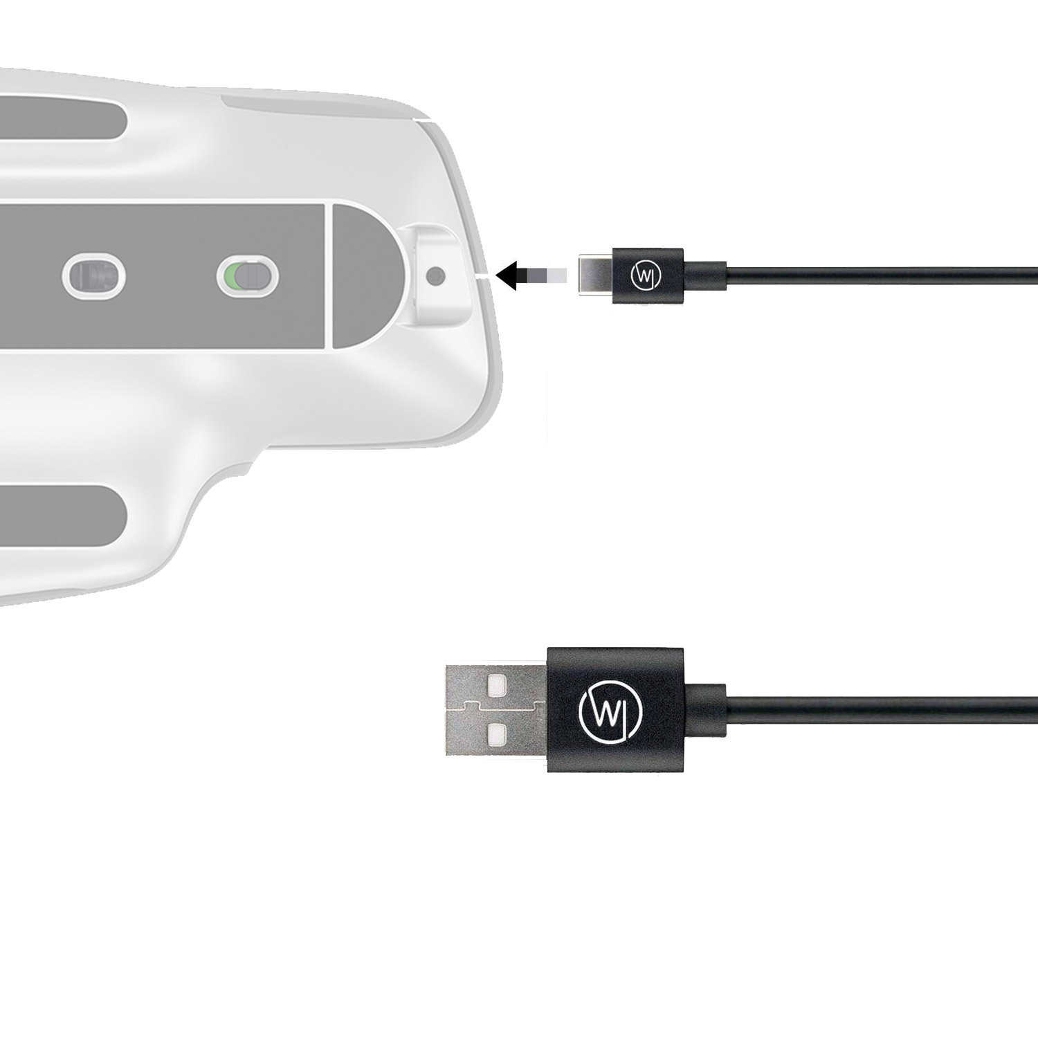 Ein Kabel verbindet sich mit einem Gerät, ein anderes Kabel befindet sich unten.