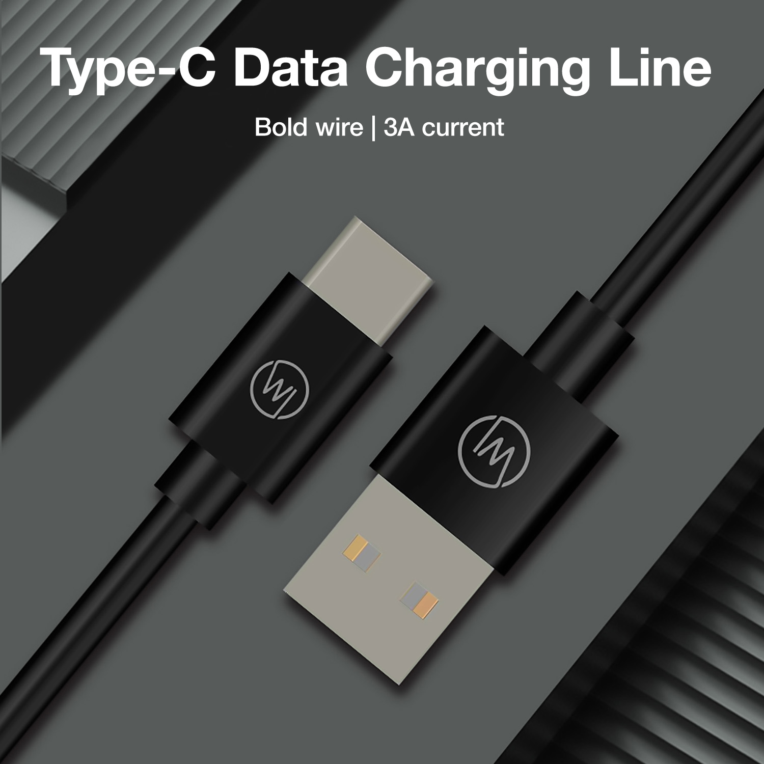 Schwarzes Ladekabel mit Typ-C- und USB-Anschlüssen. Das Kabel liegt auf grauem Grund.