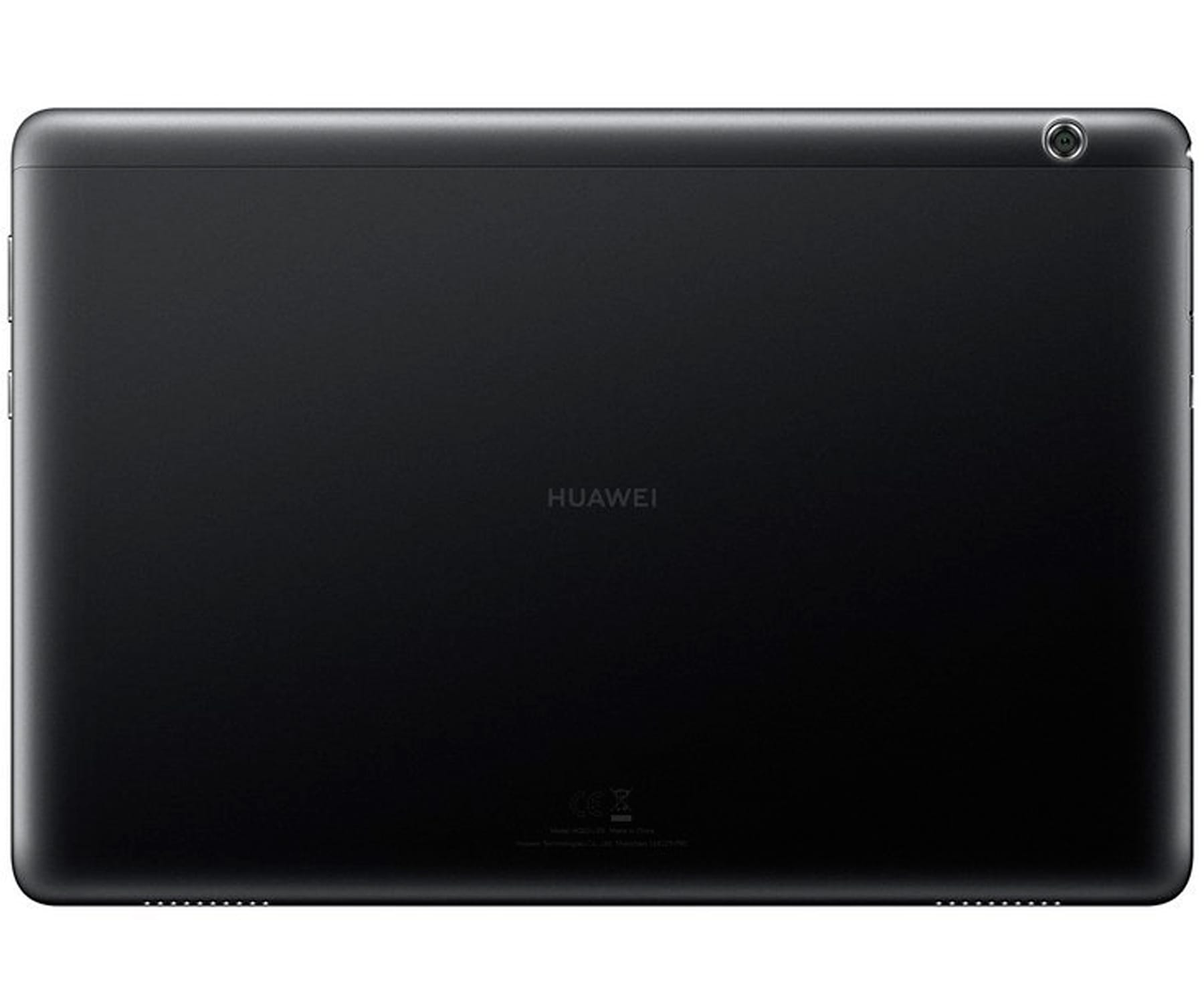 Czarny tablet, widok z tyłu. Obiektyw aparatu w prawym górnym rogu. Logo Huawei.