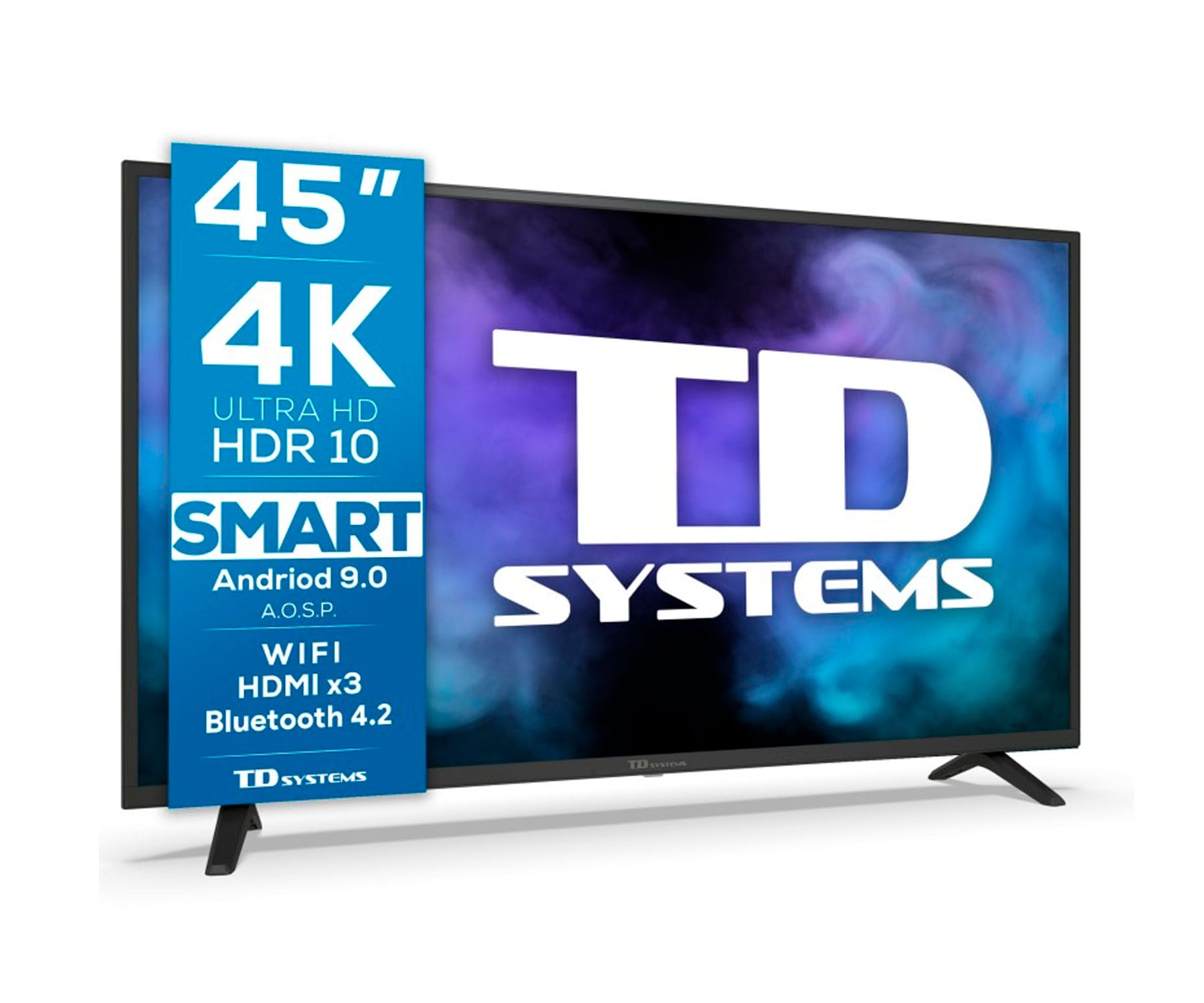 Smart TV de 45 pulgadas con superposición de texto azul. Marco negro. Blanco.