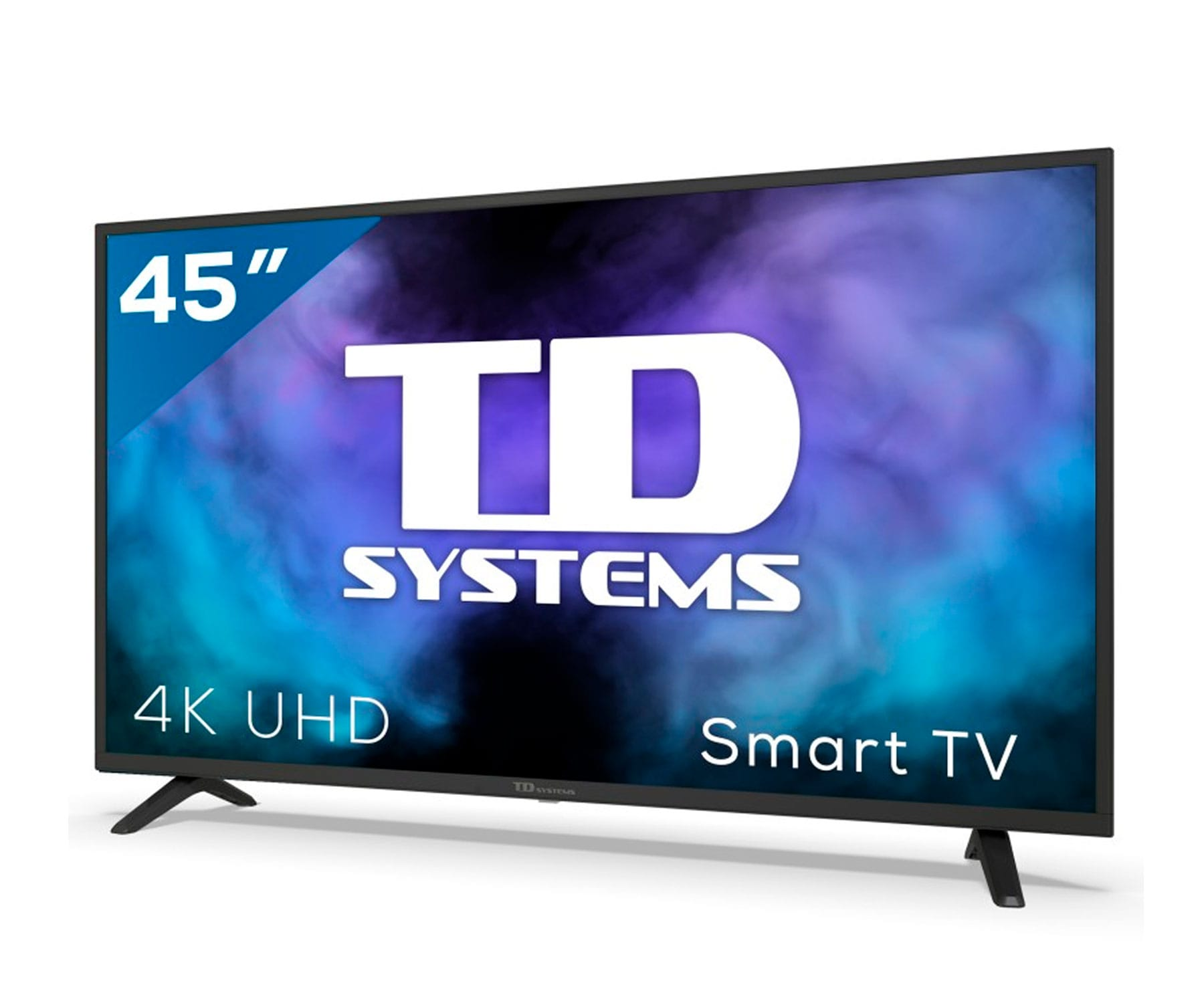 Smart TV de 45" con marco negro. La pantalla muestra la marca y 4K UHD.