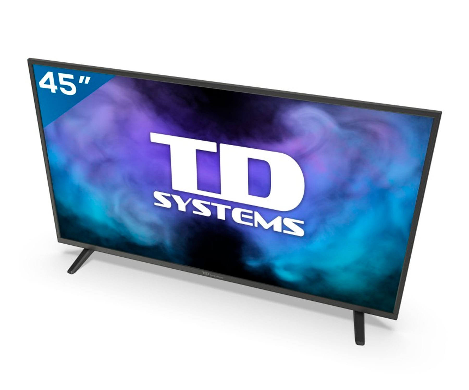 Un televisor TD Systems de 45 pulgadas con marco y soporte negros, que muestra un fondo morado y azul.
