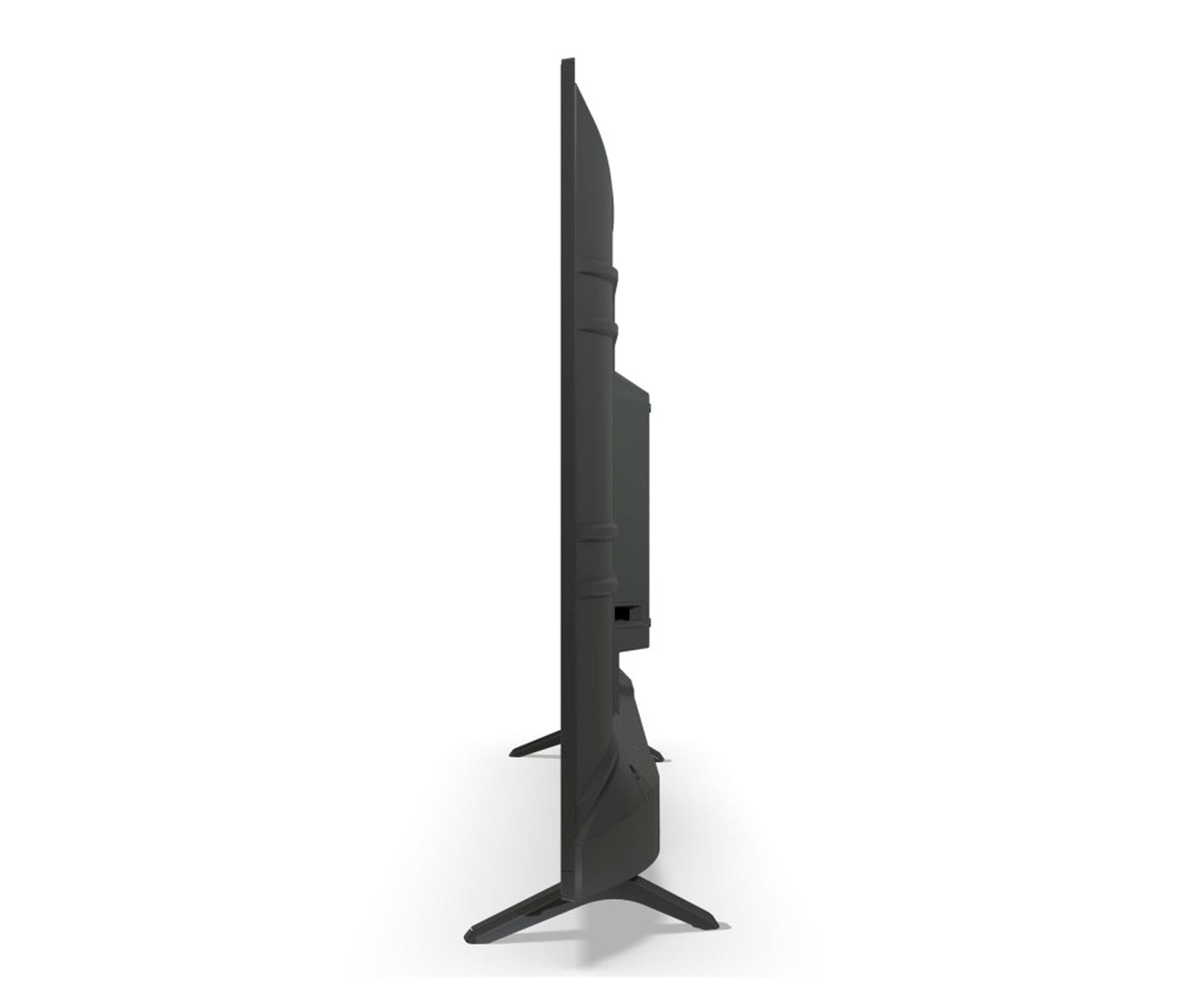 Televisor de pantalla plana negro, visto de lado, de pie sobre un fondo blanco.