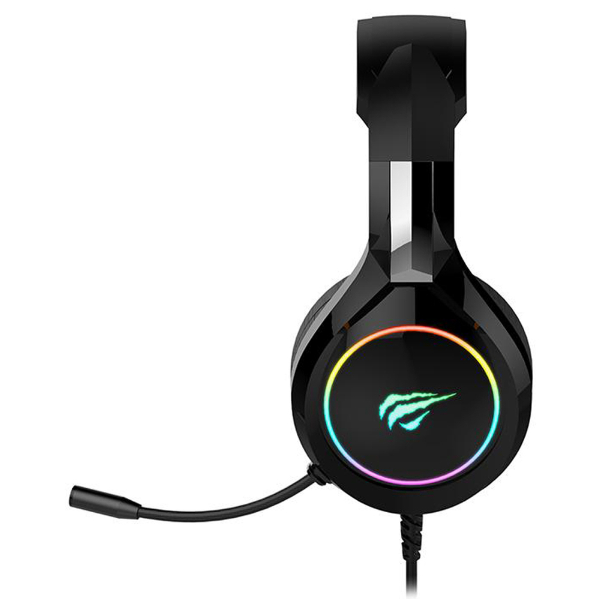 Auriculares para juegos negros con luces RGB coloridas. Fondo blanco.