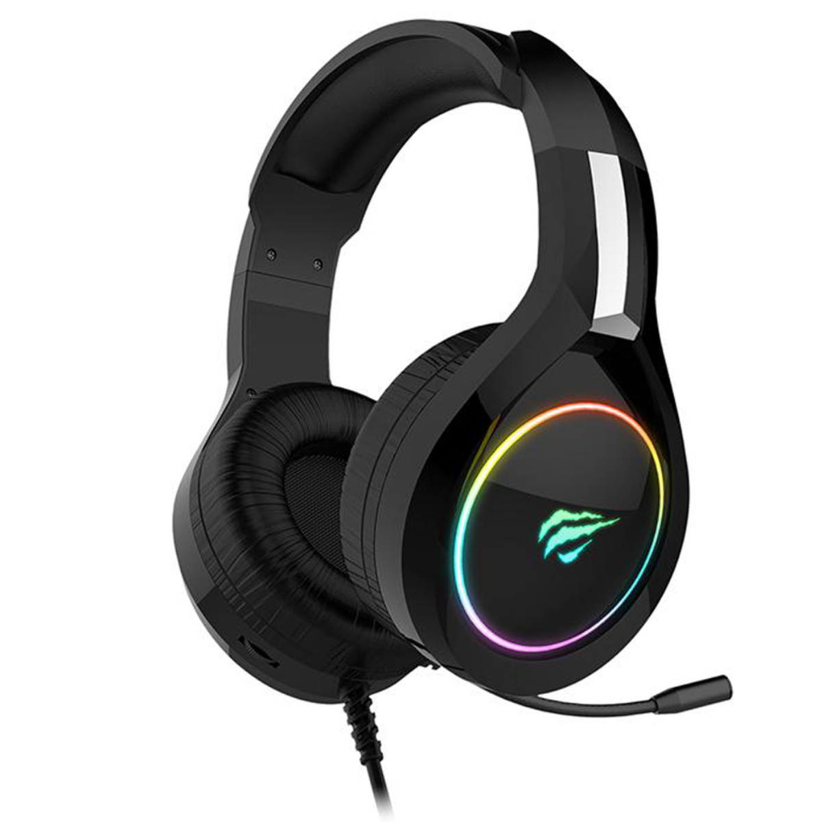 Auriculares gaming negros con micro, y una luz multicolor en la copa.