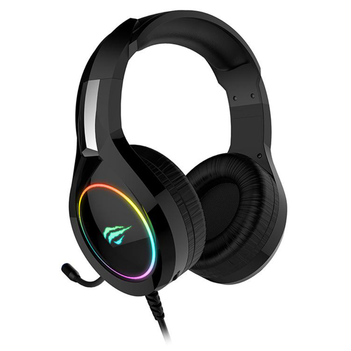 Auriculares gaming negros con iluminación RGB y micrófono.