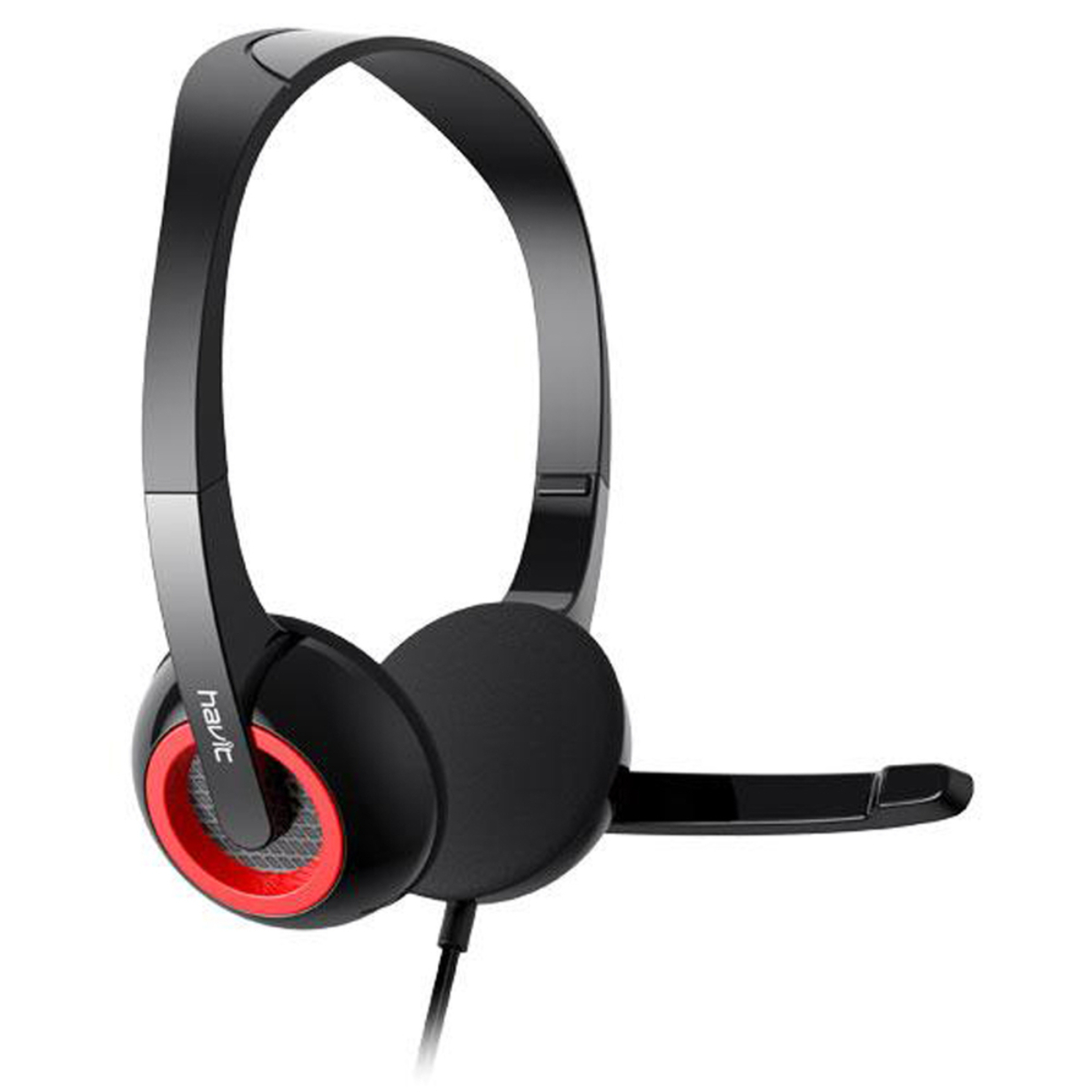 Schwarze und rote Kopfhörer mit Mikrofon, schwarzes Kabel, weißer Hintergrund.