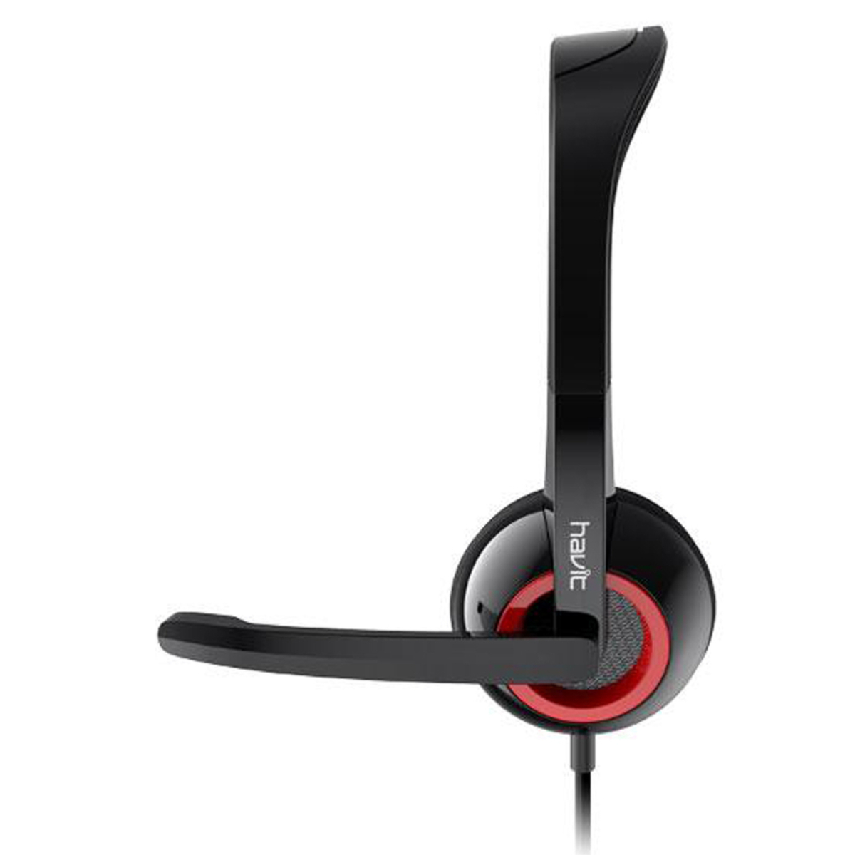 Schwarzes und rotes Headset mit Mikrofon, auf weißem Hintergrund.