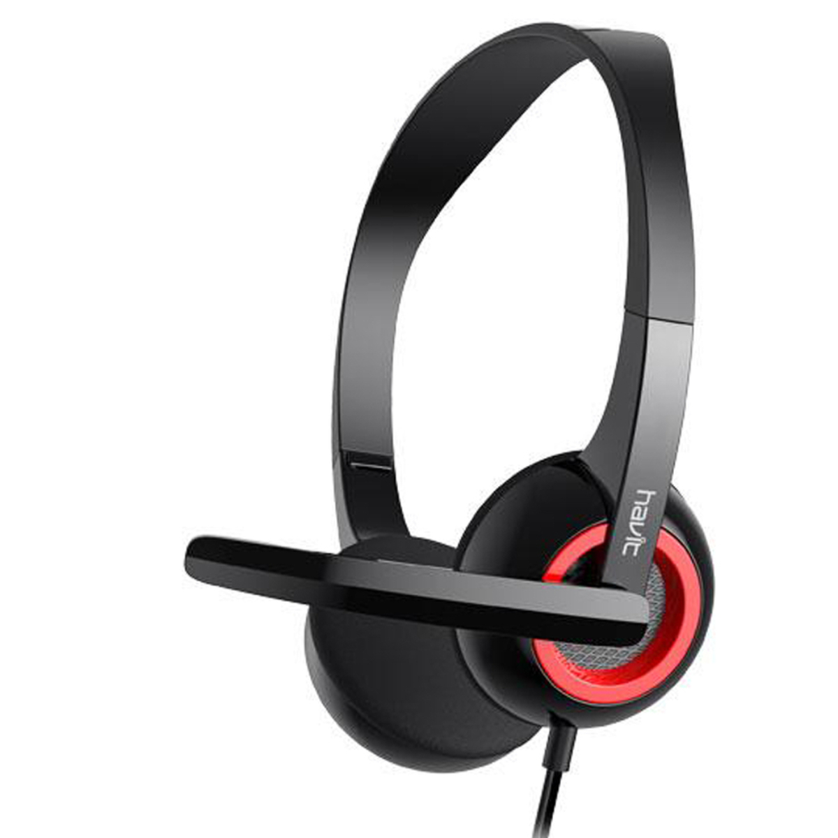 Schwarzes Headset mit Mikrofon. Die Ohrmuscheln haben rote Details und die Marke 'havit' ist sichtbar.