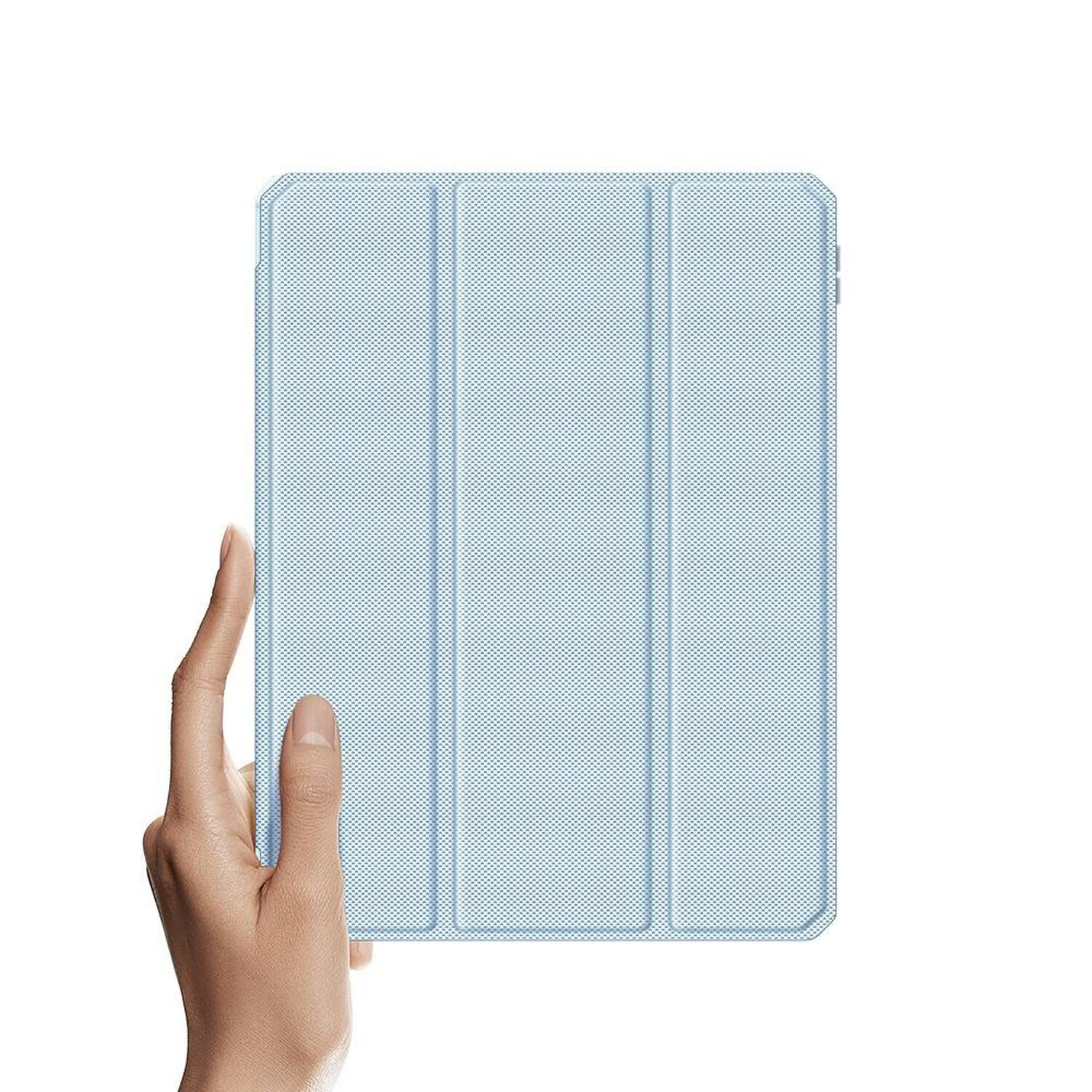 Eine Hand hält eine hellblaue Tablet-Hülle. Die Hülle ist geschlossen und hat eine strukturierte Oberfläche.