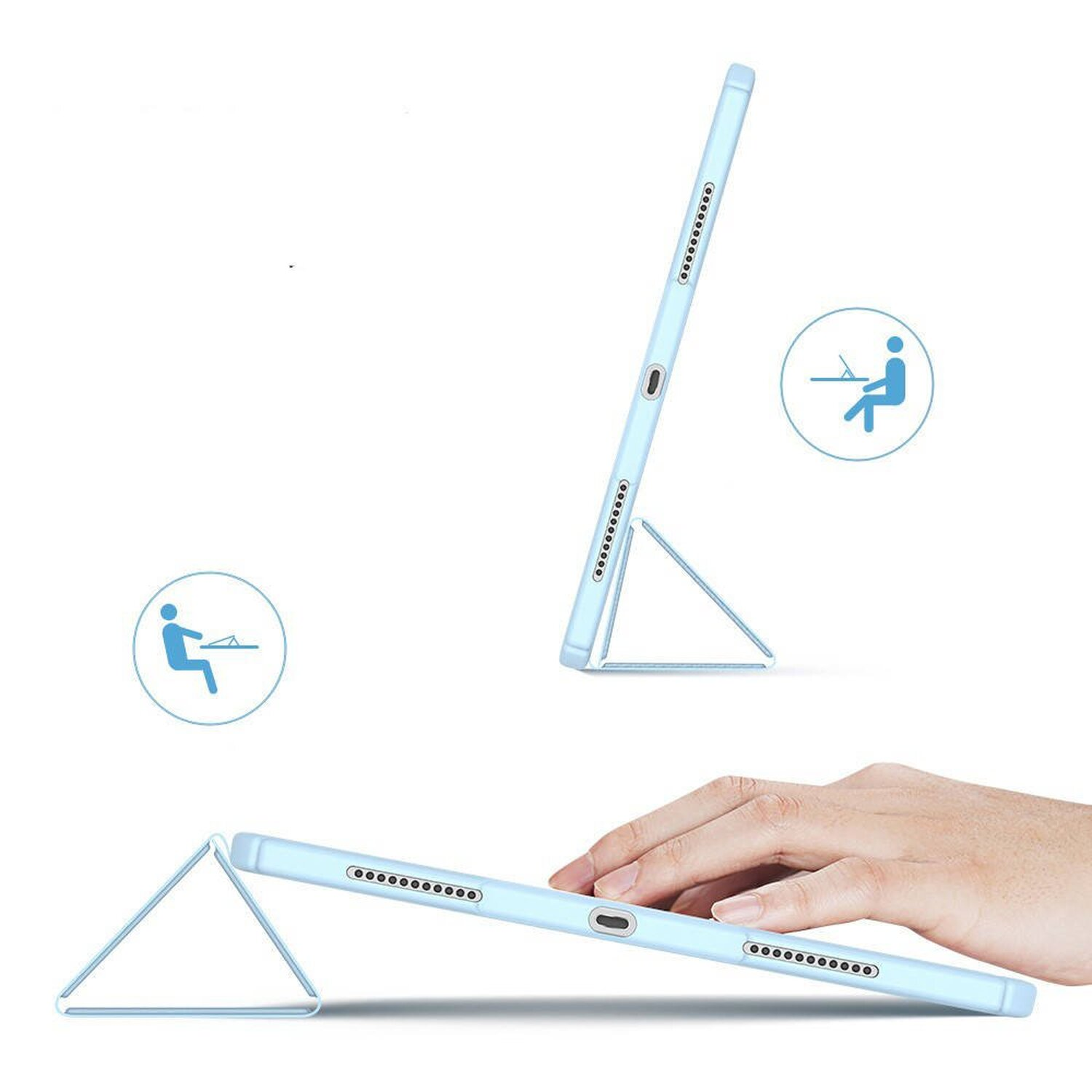 Blaue Tablethülle in mehreren Positionen. Zeigt zwei Figuren mit Laptop- und Tablet-Symbolen.