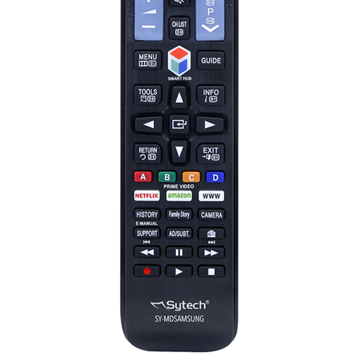 Un mando a distancia negro con varios botones etiquetados. Incluye botones de Netflix, Amazon. Marca Sytech en la parte inferior.