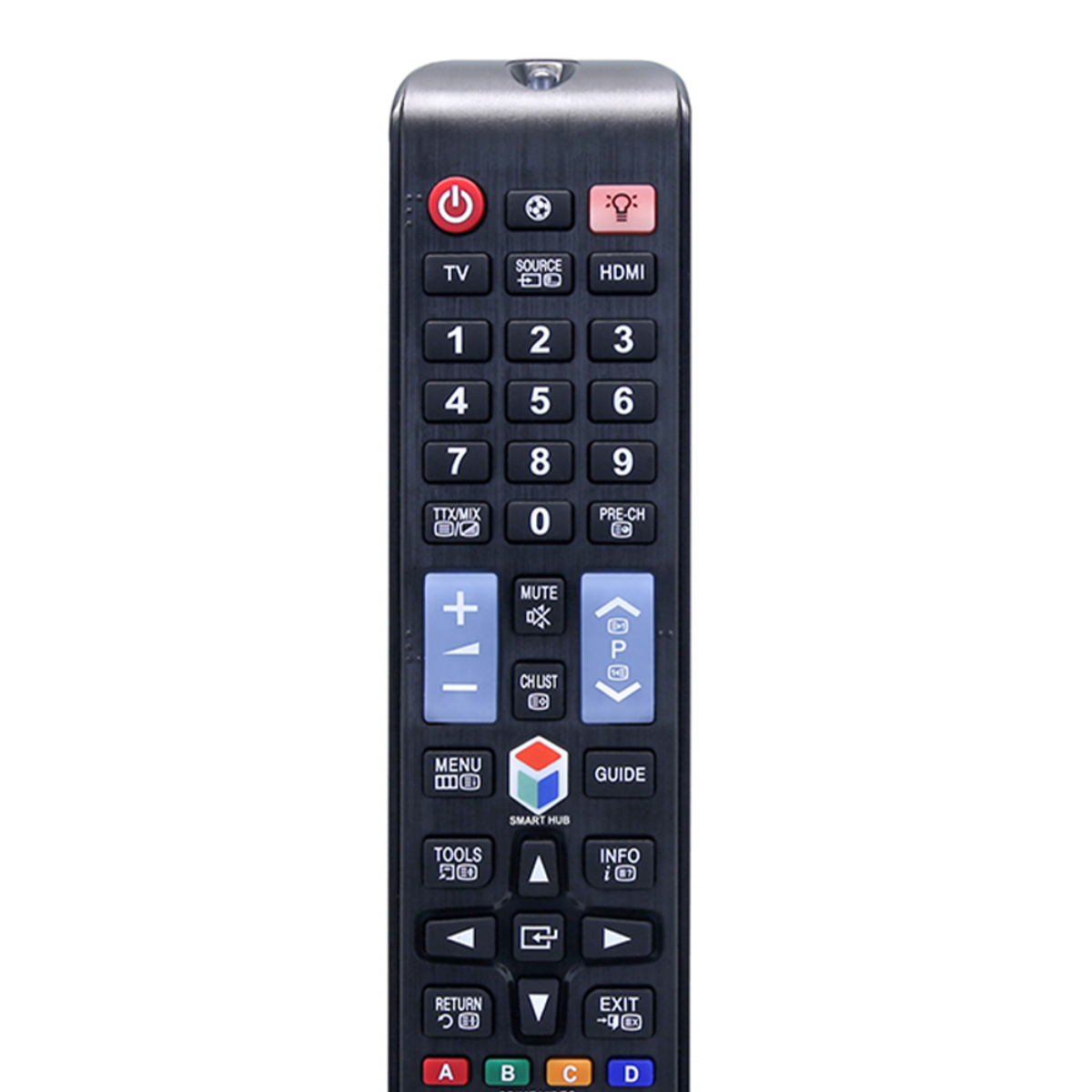 Mando a distancia de TV negro con muchos botones sobre fondo blanco.
