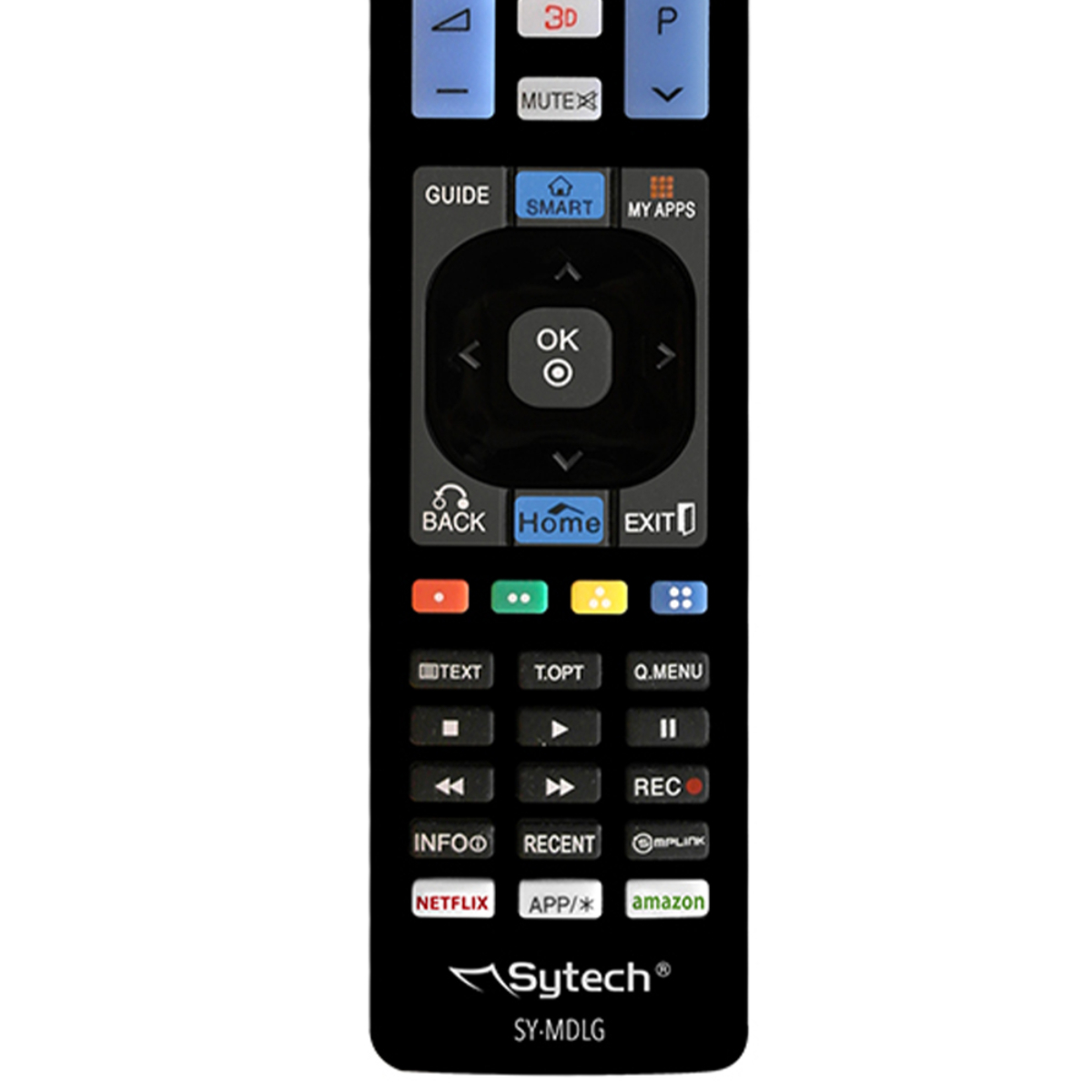 Un mando a distancia Sytech negro con múltiples botones, incluyendo Netflix y Amazon.