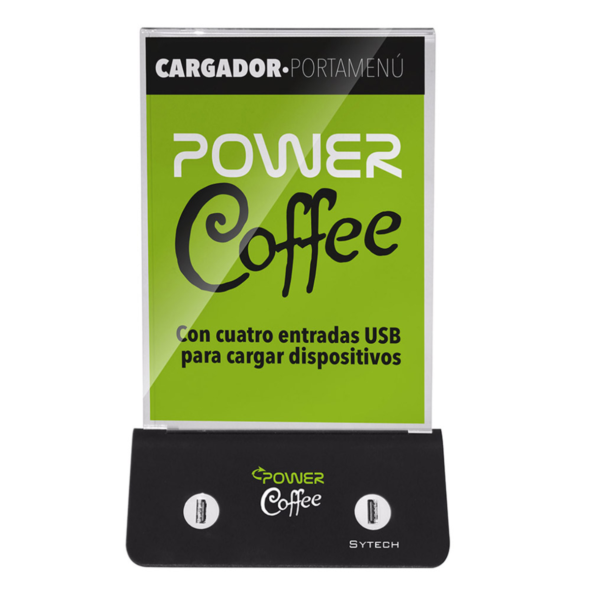 Letrero Power Coffee. Muestra 'POWER Coffee' y tiene dos puertos de carga USB.
