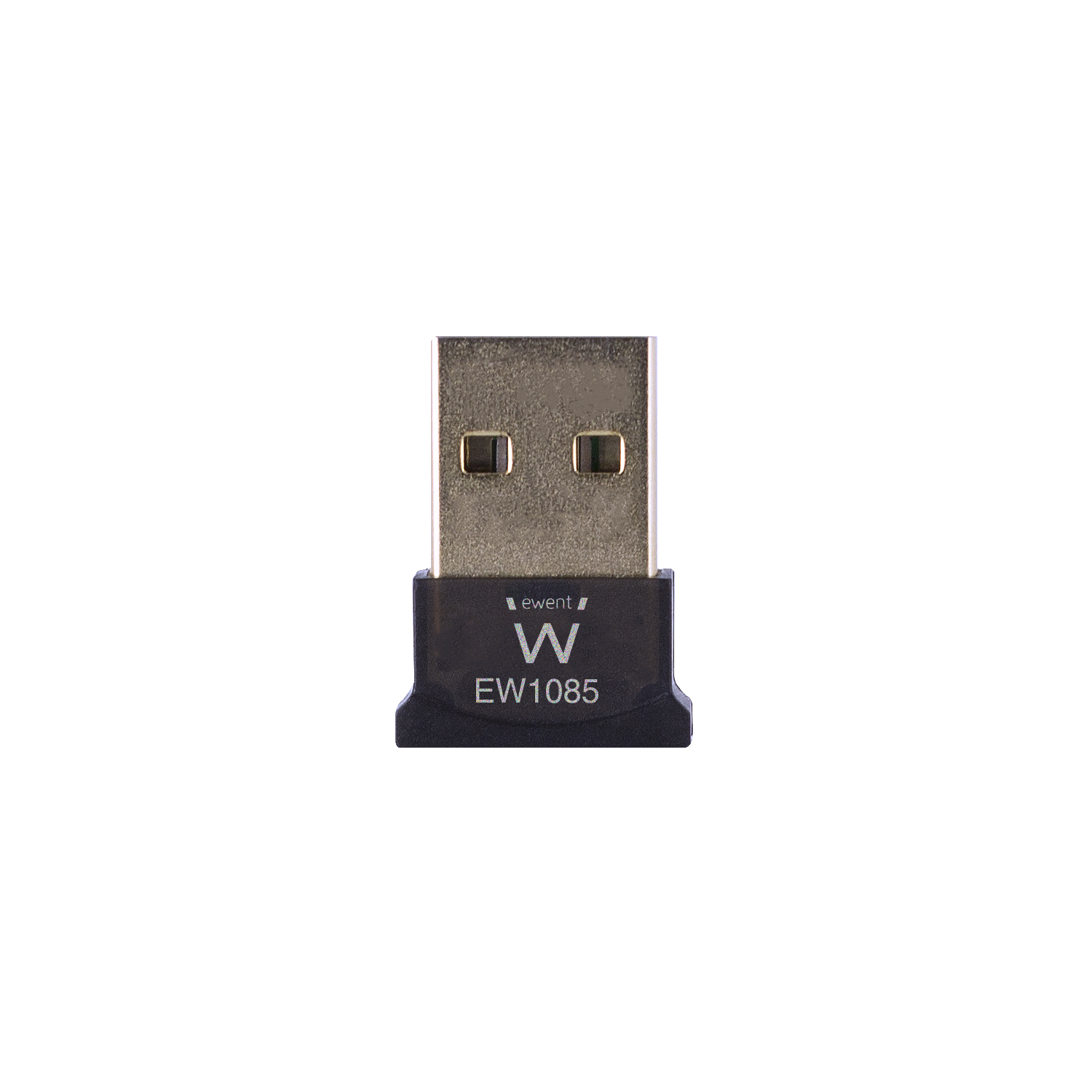 Un adaptador inalámbrico USB negro con la palabra "W". Fondo blanco.