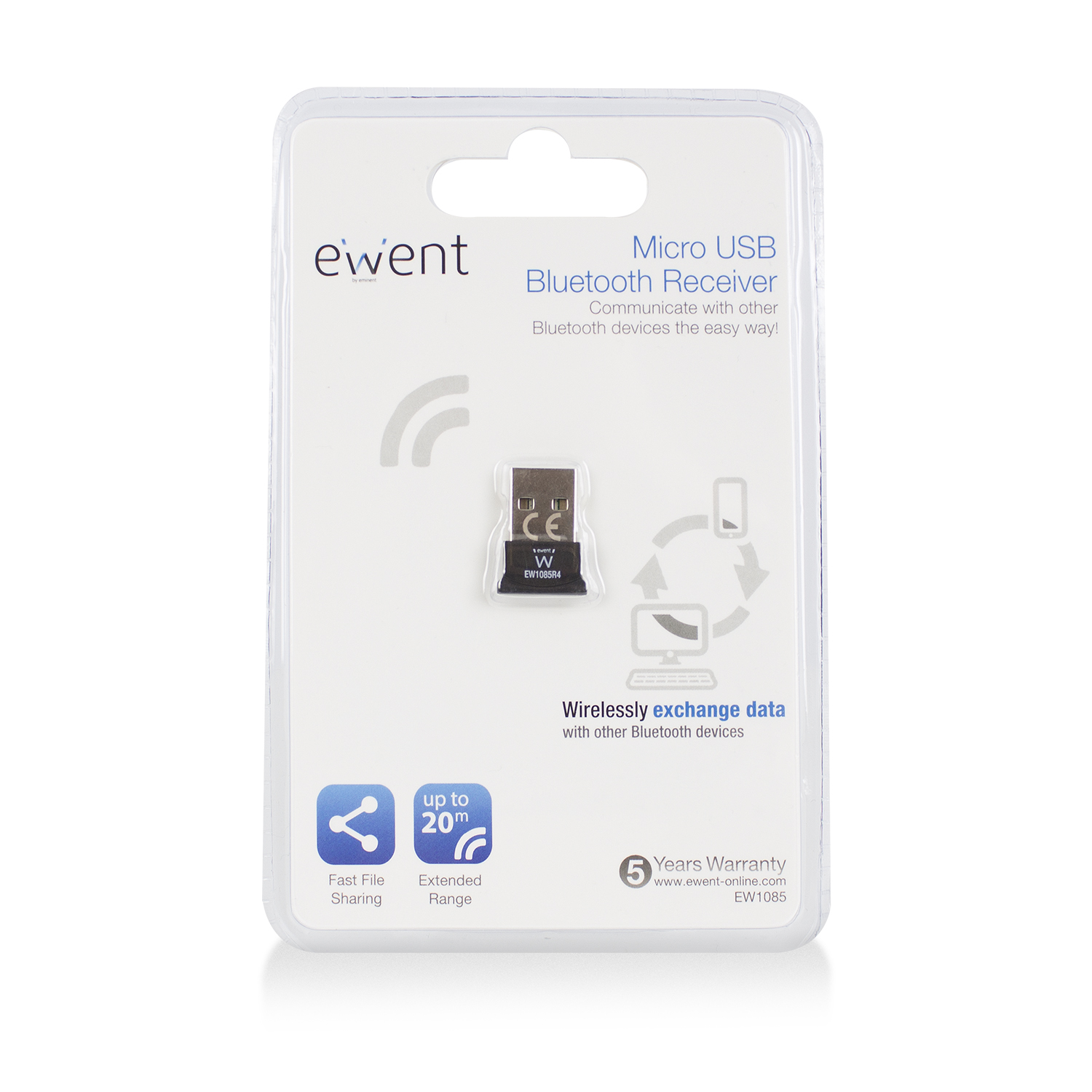 Un receptor Bluetooth Micro USB en un empaque plástico transparente. El paquete muestra el dispositivo y sus funciones.