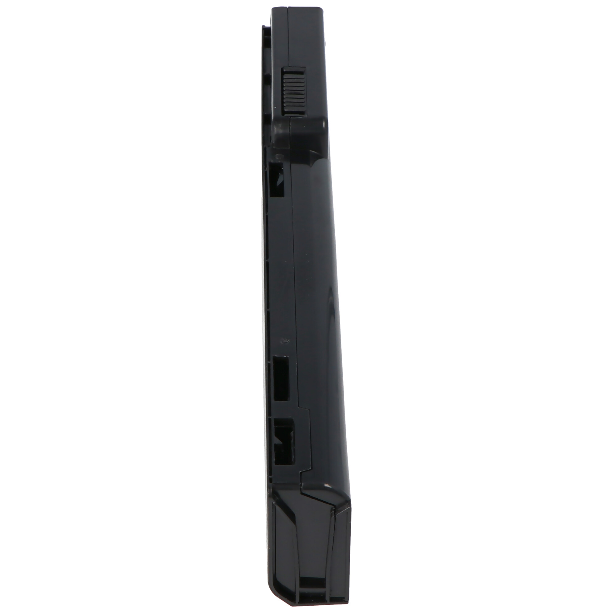 Black, elongated plastic device, possibly a battery or a component. It is against a white background.