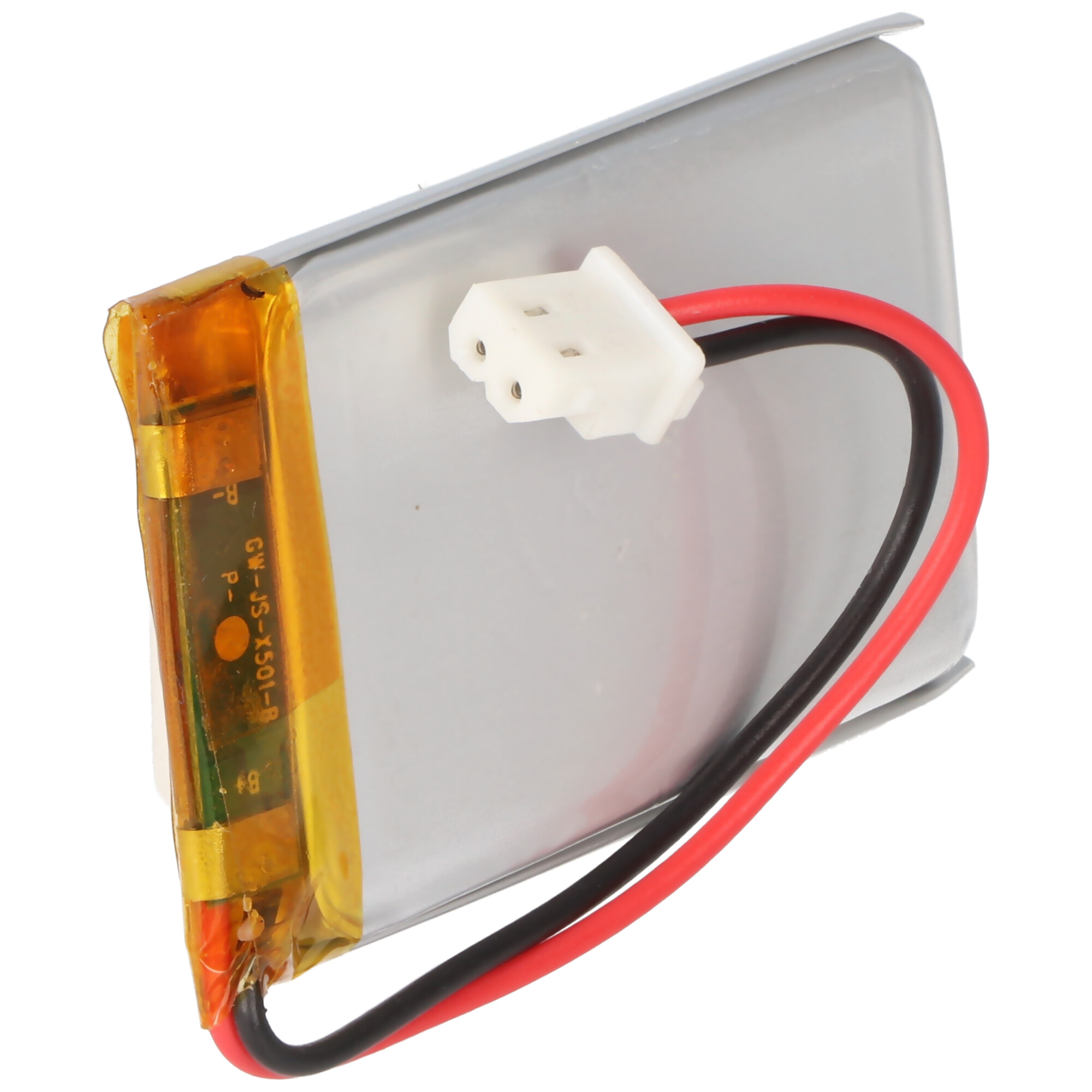 Lithium-Ionen-Akku mit rotem und schwarzem Kabel und weißem Stecker.