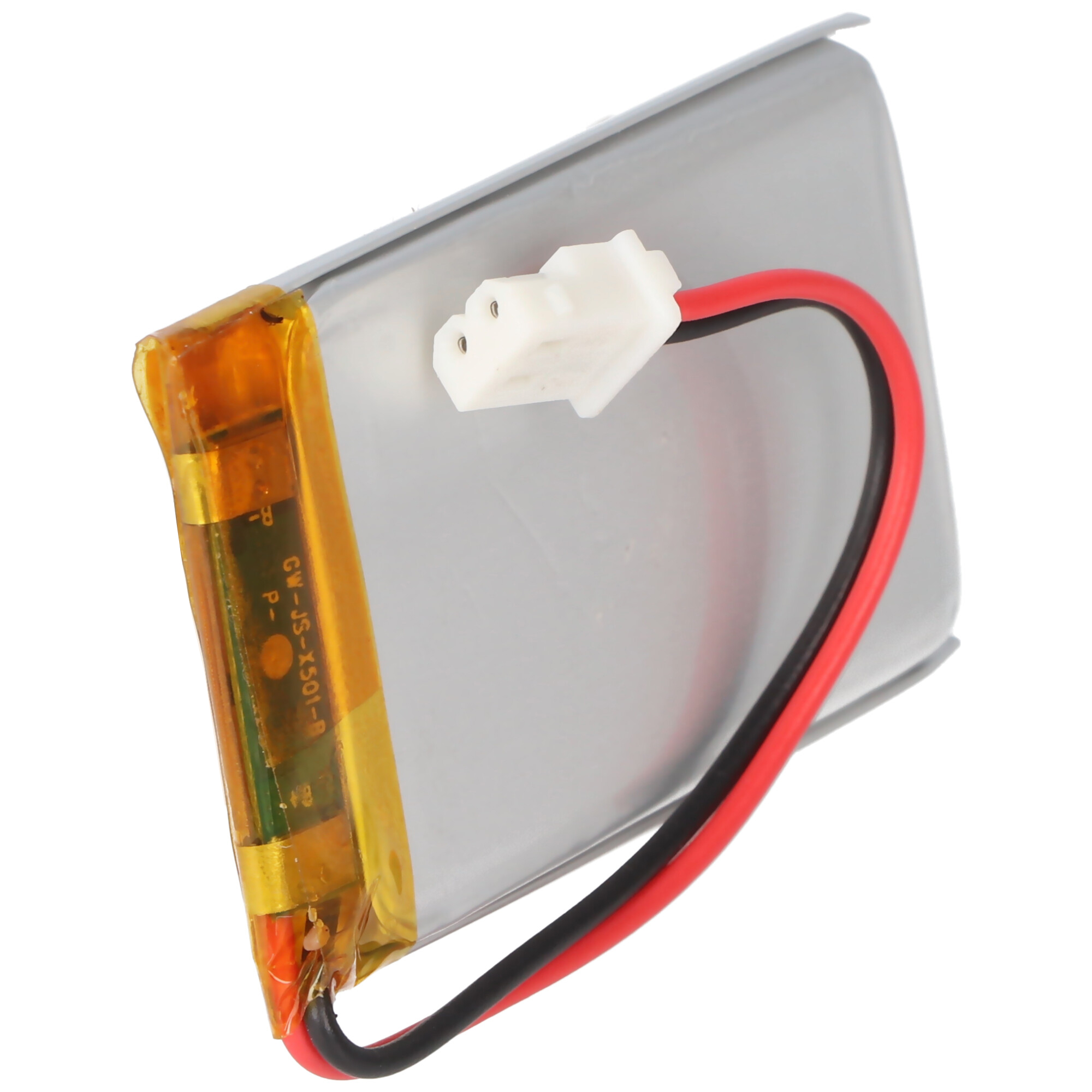 Ein kleiner Lithium-Polymer-Akku mit rotem und schwarzem Kabel sowie einem weißen Stecker.